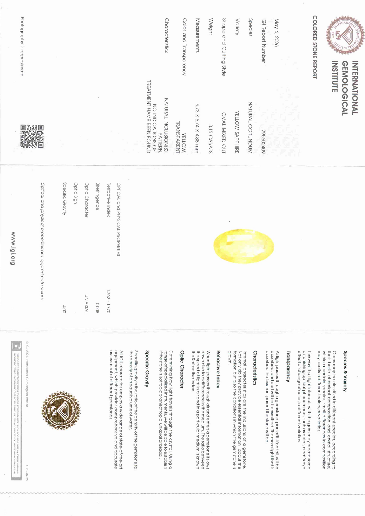 IGI Certified Yellow Sapphire Pukhraj stone, 3.15 carats, unheated, with certification details visible.
