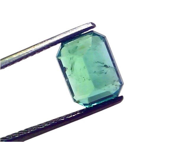 3.80 carat GII certified natural Zambian emerald, untreated, with a vibrant green hue and octagonal cut, held by tweezers.
