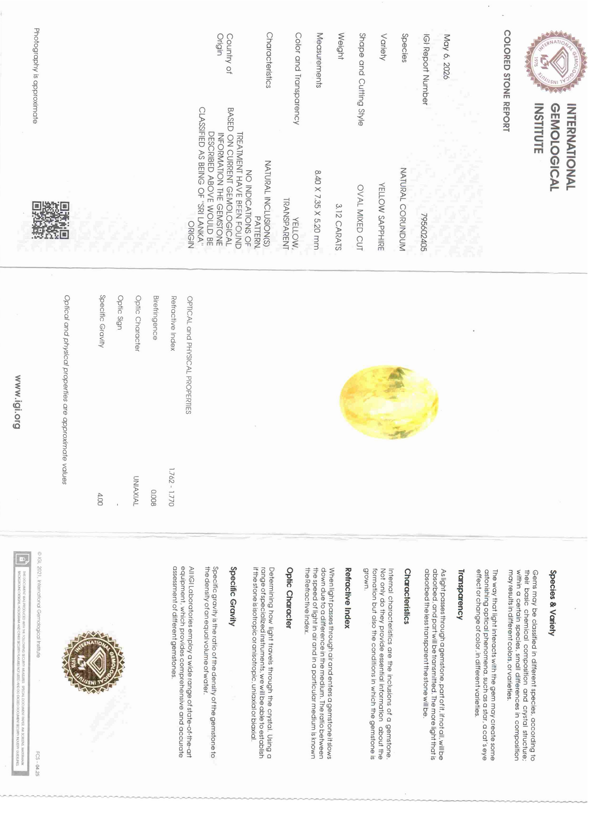 Venus Gems IGI certified report for a 3.12 carat natural Ceylon yellow sapphire gemstone