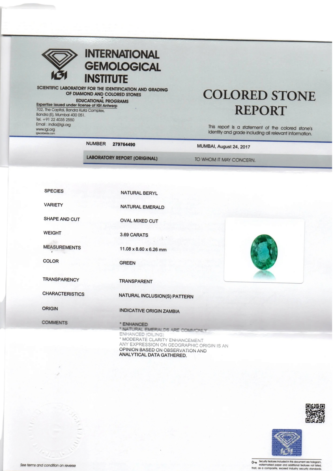3.69 Ct Untreated Natural Zambian Emerald Gemstone Panna AAAAA - Venus Gems