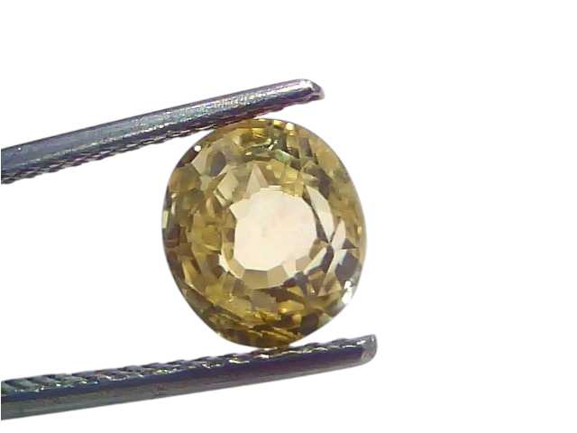 3.16 Ct IGI Certified Unheated Natural Ceylon Yellow Sapphire Pukhraj, oval cut, held by tweezers against a light background.