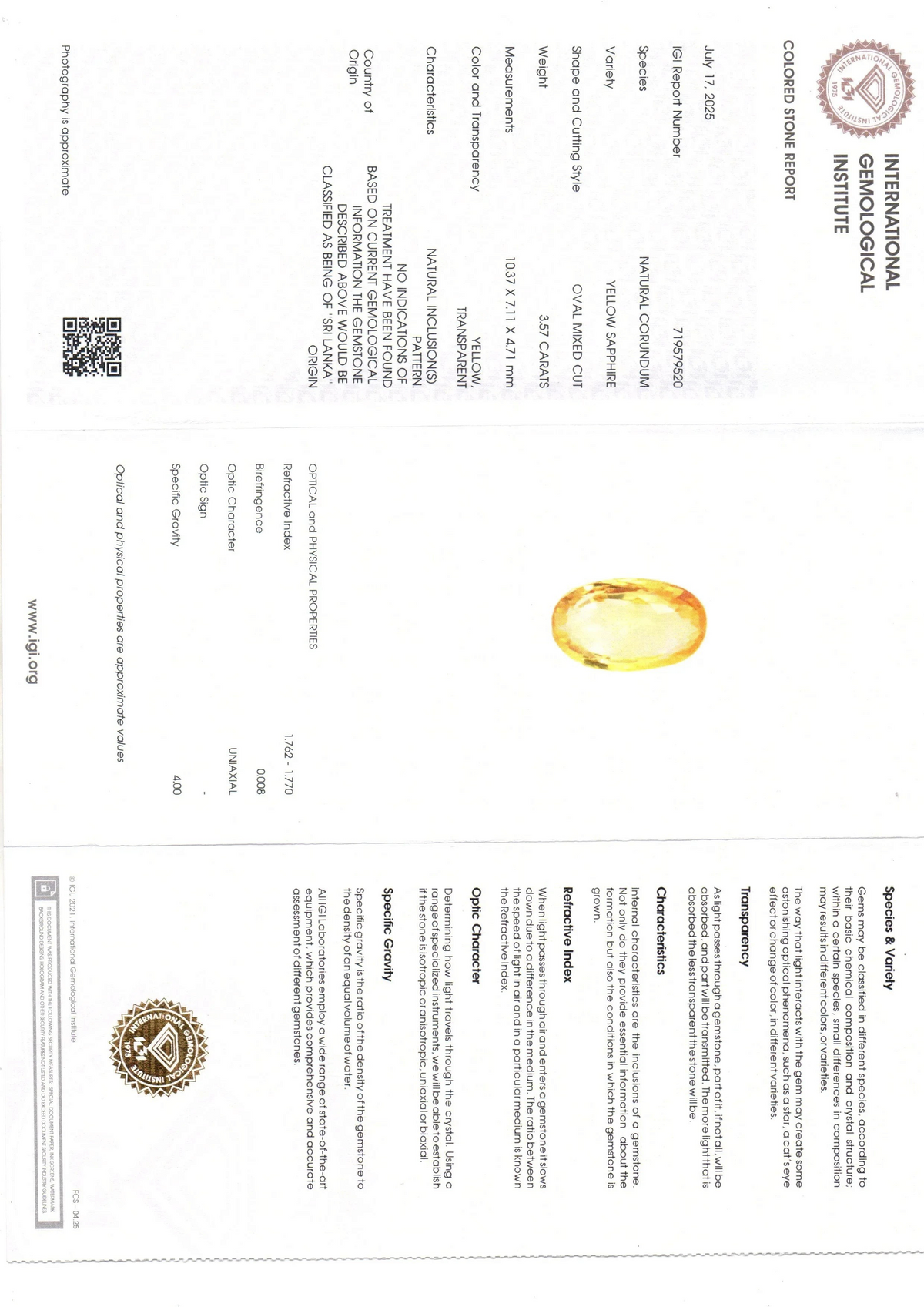3.57 Ct IGI Certified Unheated Untreated Natural Ceylon Yellow Sapphire - Venus Gems