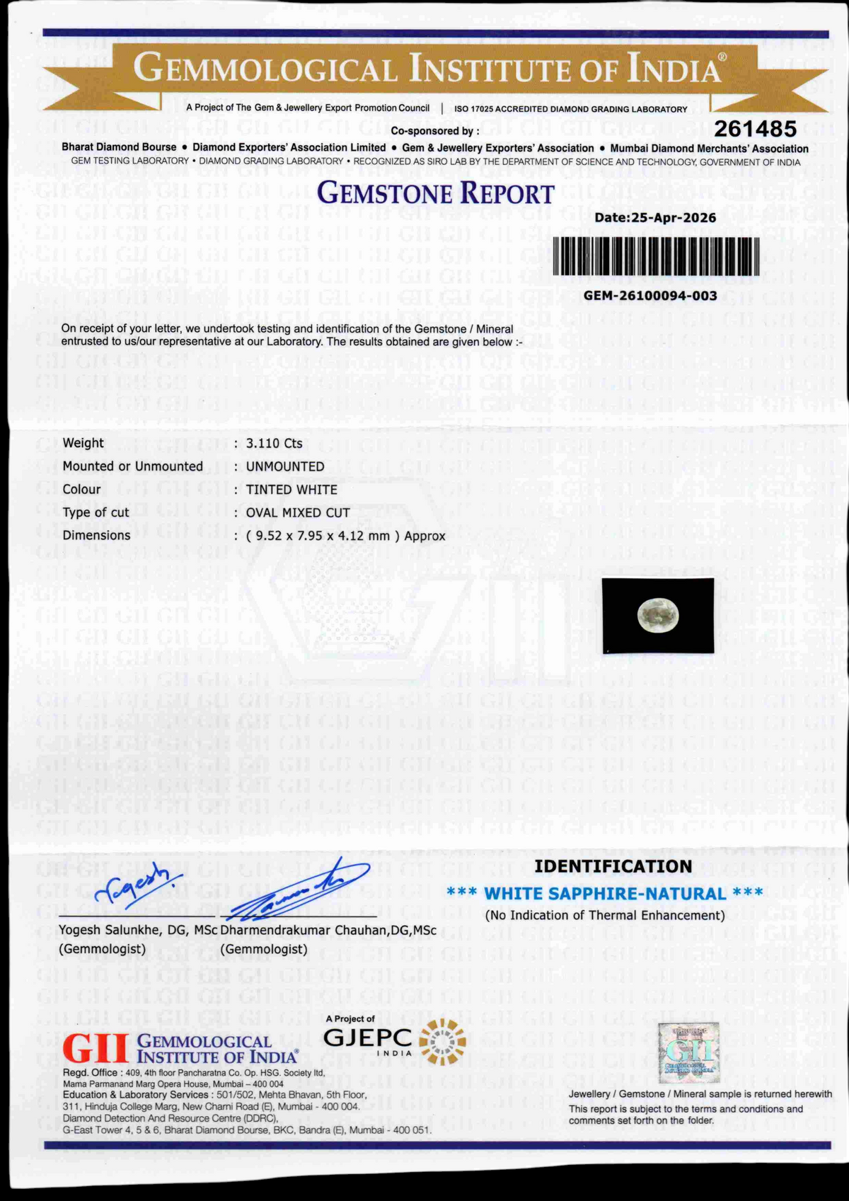 Gemstone report for 3.11 Ct GII Certified Unheated Untreated Natural Ceylon White Sapphire, detailing weight and certificatio