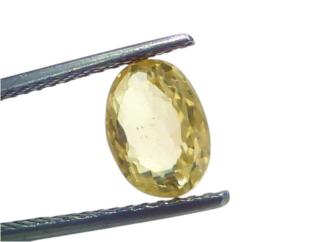 3.27 Ct IGI Certified Unheated Natural Ceylon Yellow Sapphire Pukhraj, oval cut, held by tweezers against a light background.