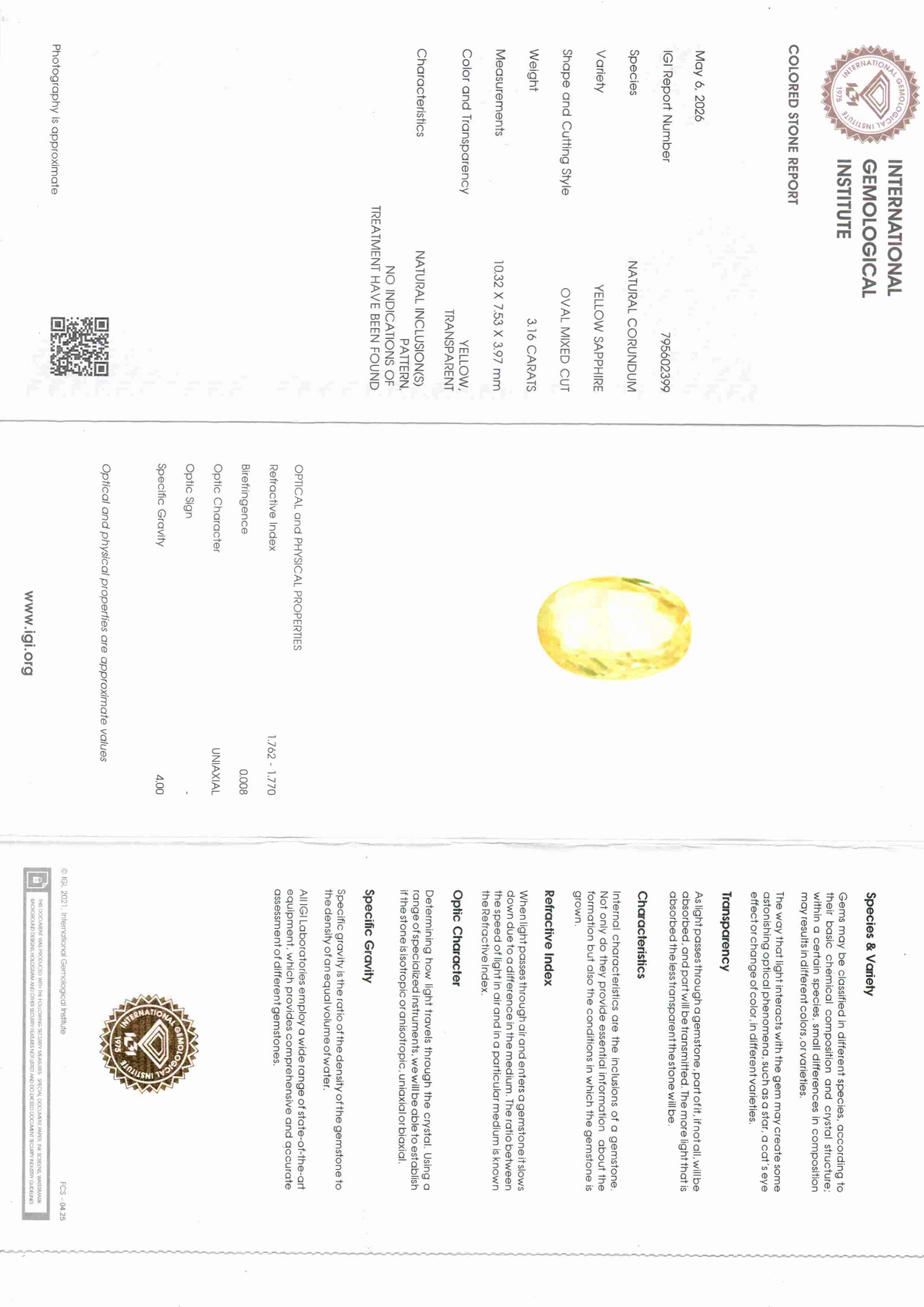 Venus Gems IGI certified 3.16 carat oval yellow sapphire gemstone with VVS clarity and natural unheated luster.
