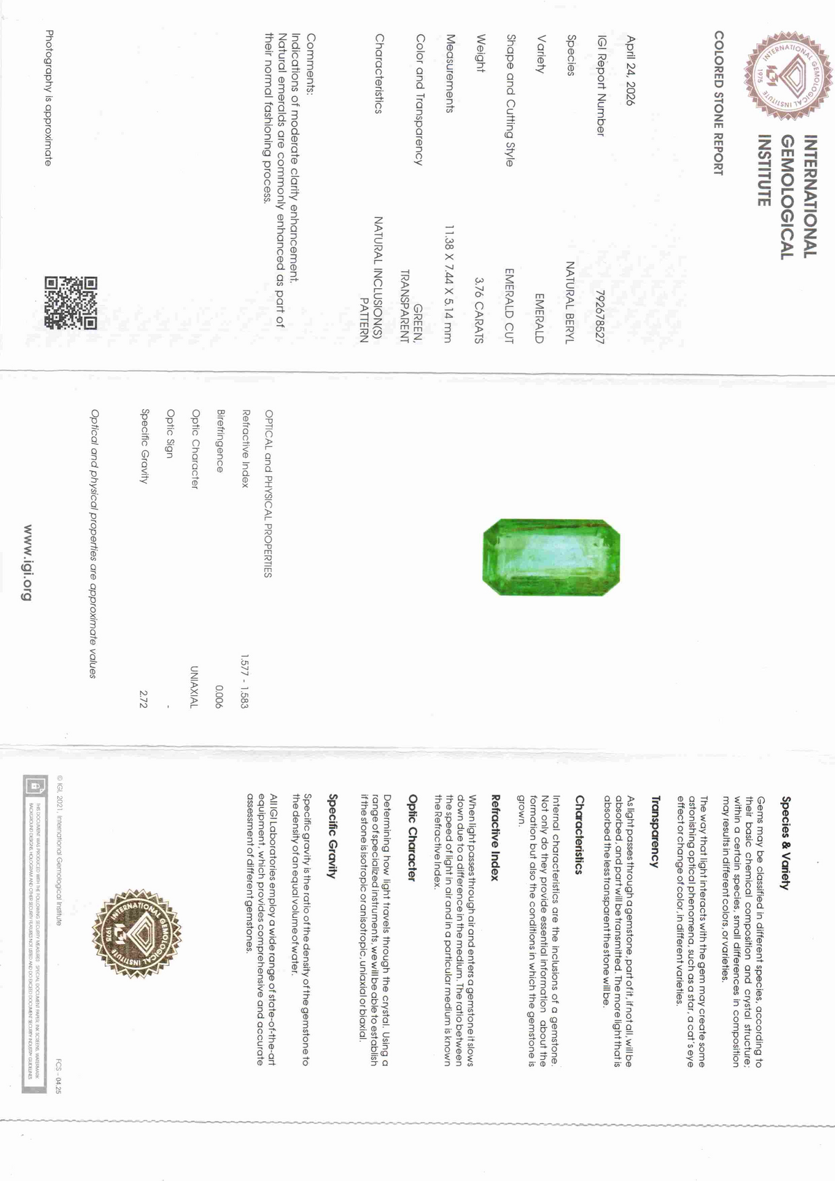 Certified natural Zambian emerald, 3.76 carats, untreated, with detailed gemological report and specifications.