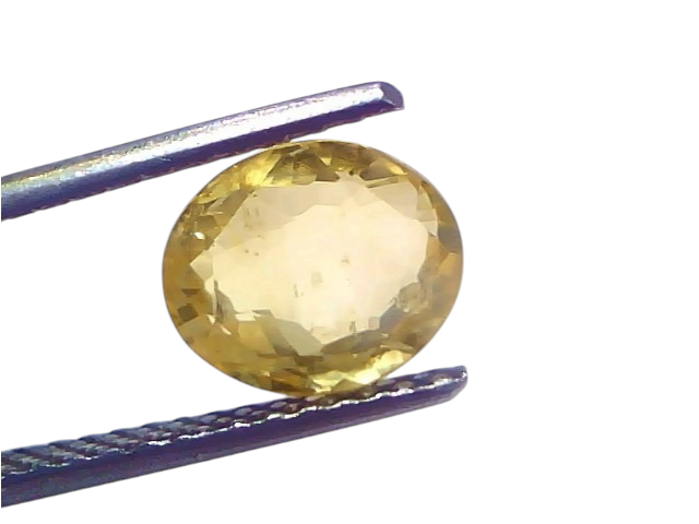3.20 carat IGI certified unheated natural Ceylon yellow sapphire held by tweezers, showcasing its oval cut and vibrant yellow