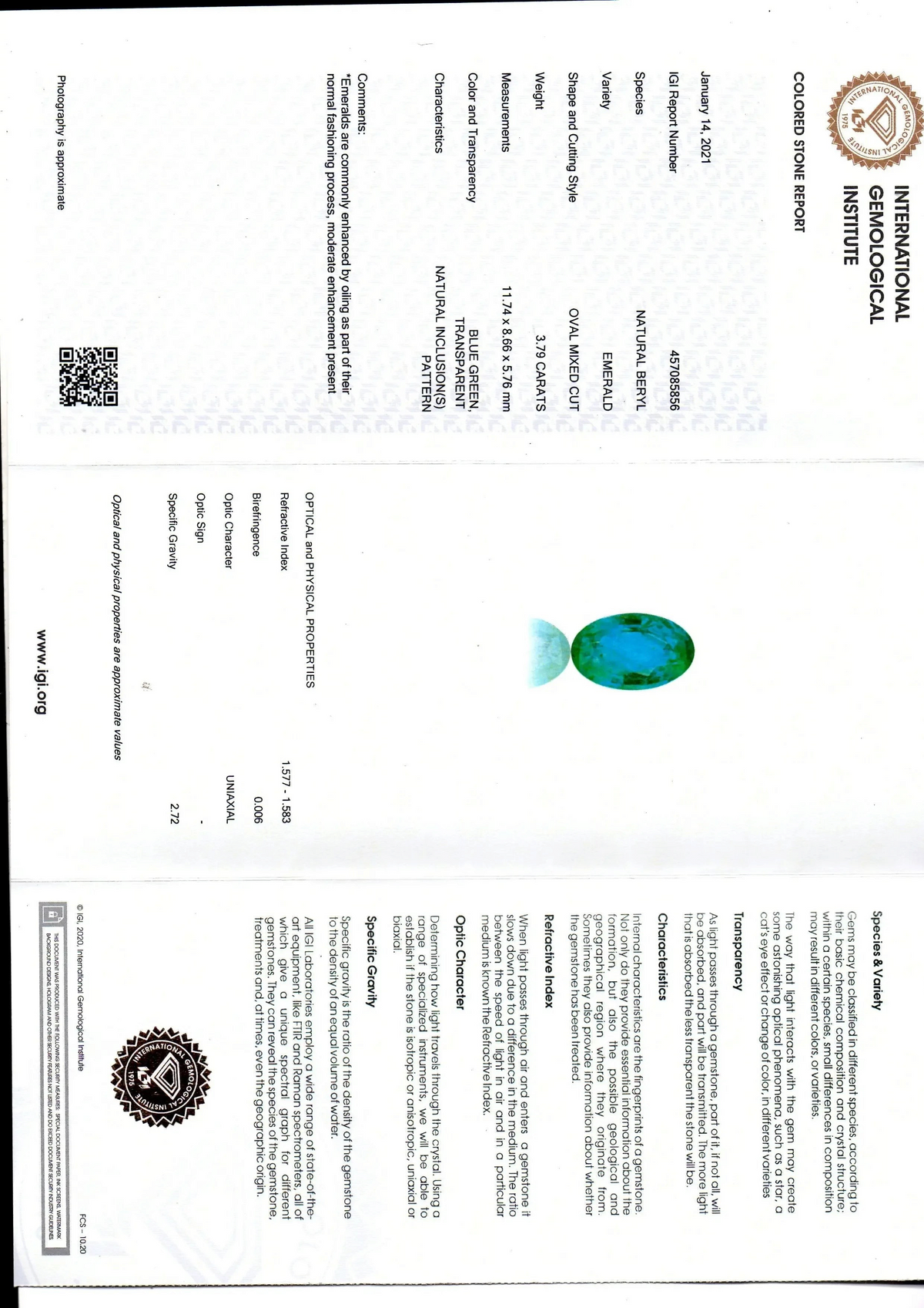 3.79 Ct IGI Certified Untreated Natural Zambian Emerald Gemstone - Venus Gems