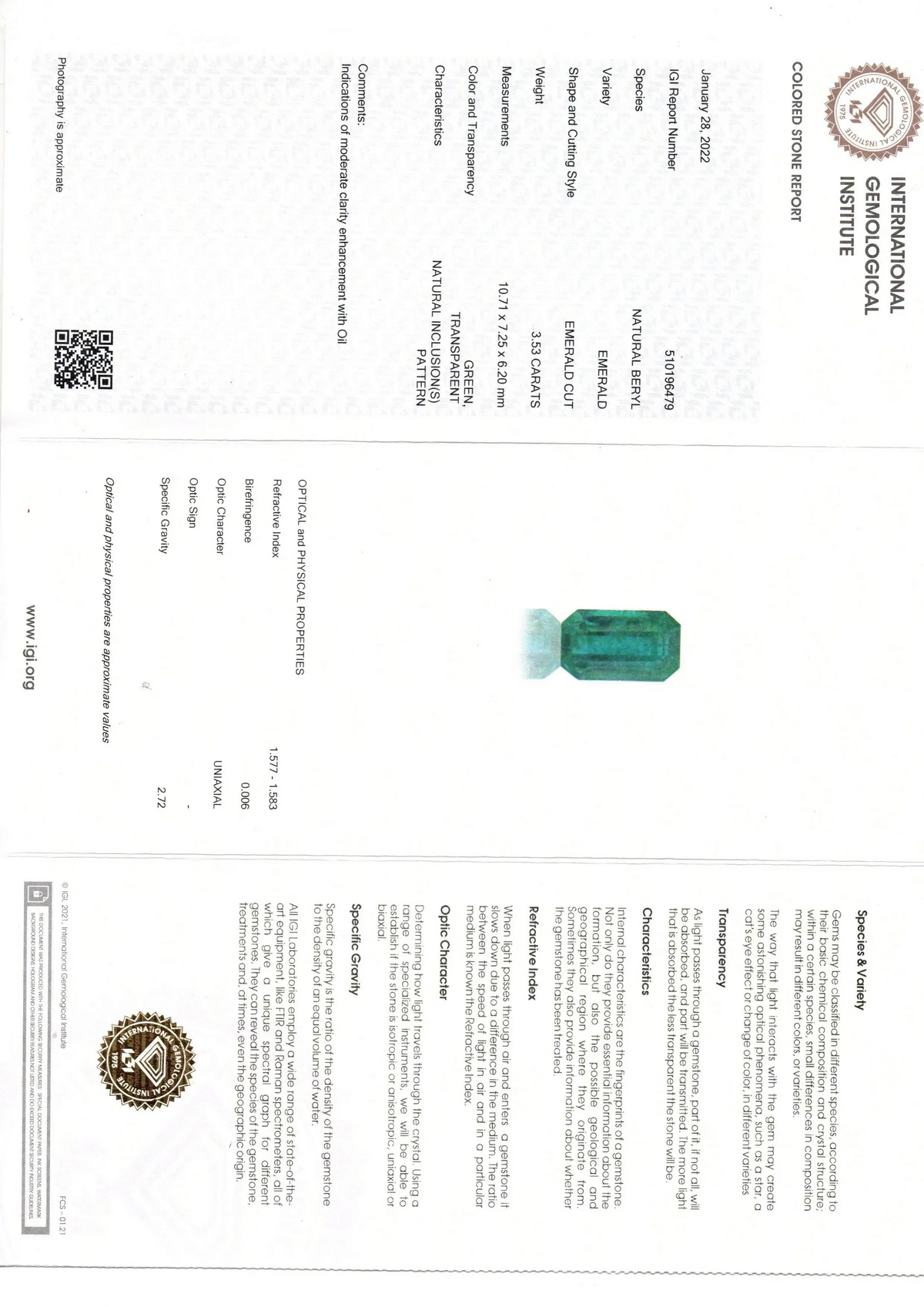 3.53 Ct IGI Certified Untreated Natural Zambian Emerald Gemstone - Venus Gems