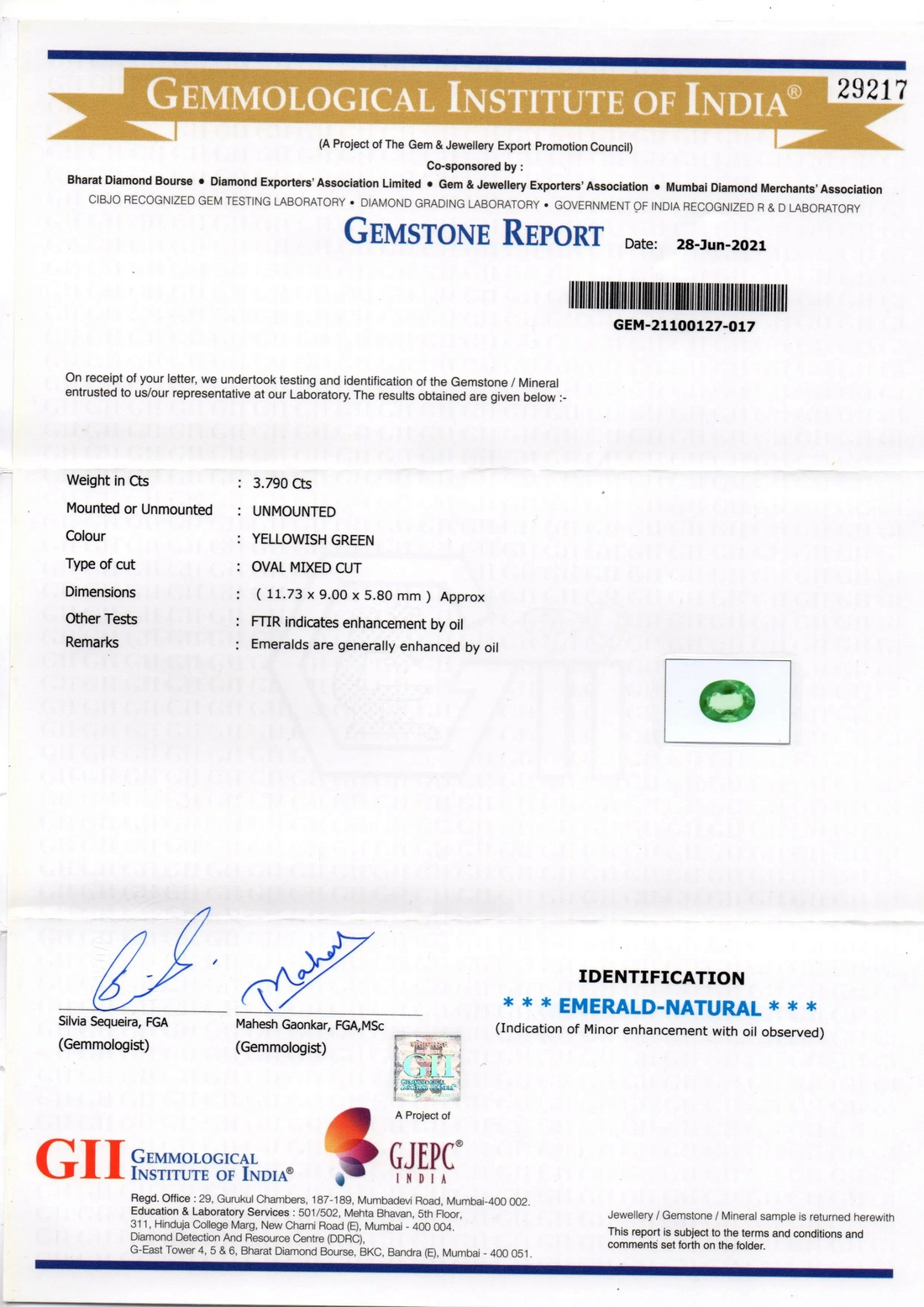 3.79 Ct GII Certified Untreated Natural Zambian Emerald Gemstone AAAAA - Venus Gems