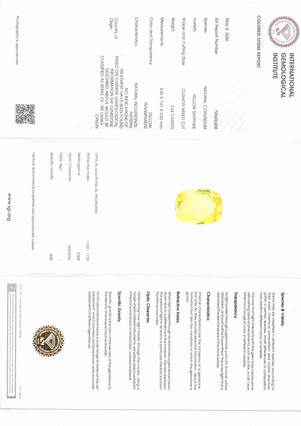 IGI certificate for 3.24 Carat unheated natural Ceylon yellow sapphire from Venus Gems, detailing specifications and authenti