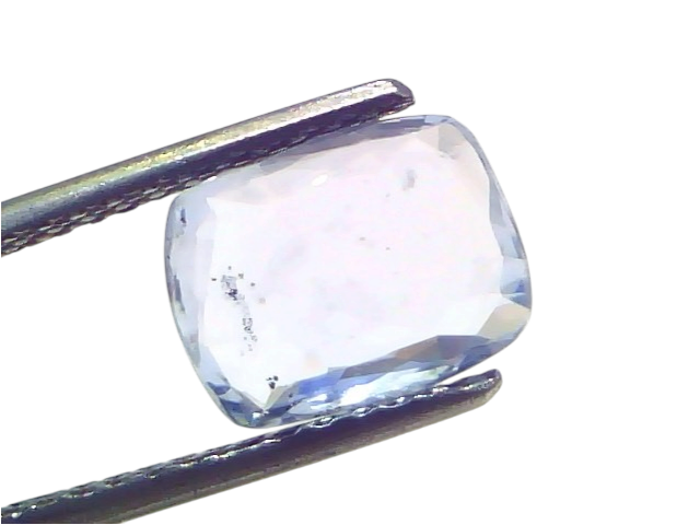 3.50 Ct Certified Unheated Untreated Natural Ceylon Blue Sapphire, displayed on tweezers, showcasing its clear blue hue and f