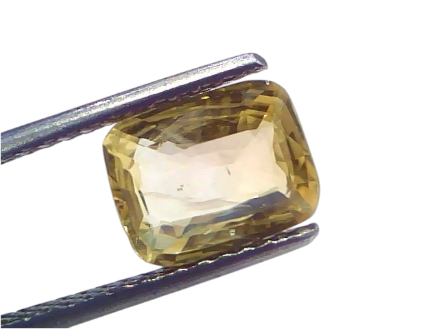 3.12 Ct IGI Certified Unheated Natural Ceylon Yellow Sapphire Pukhraj, displayed in tweezers against a light background.
