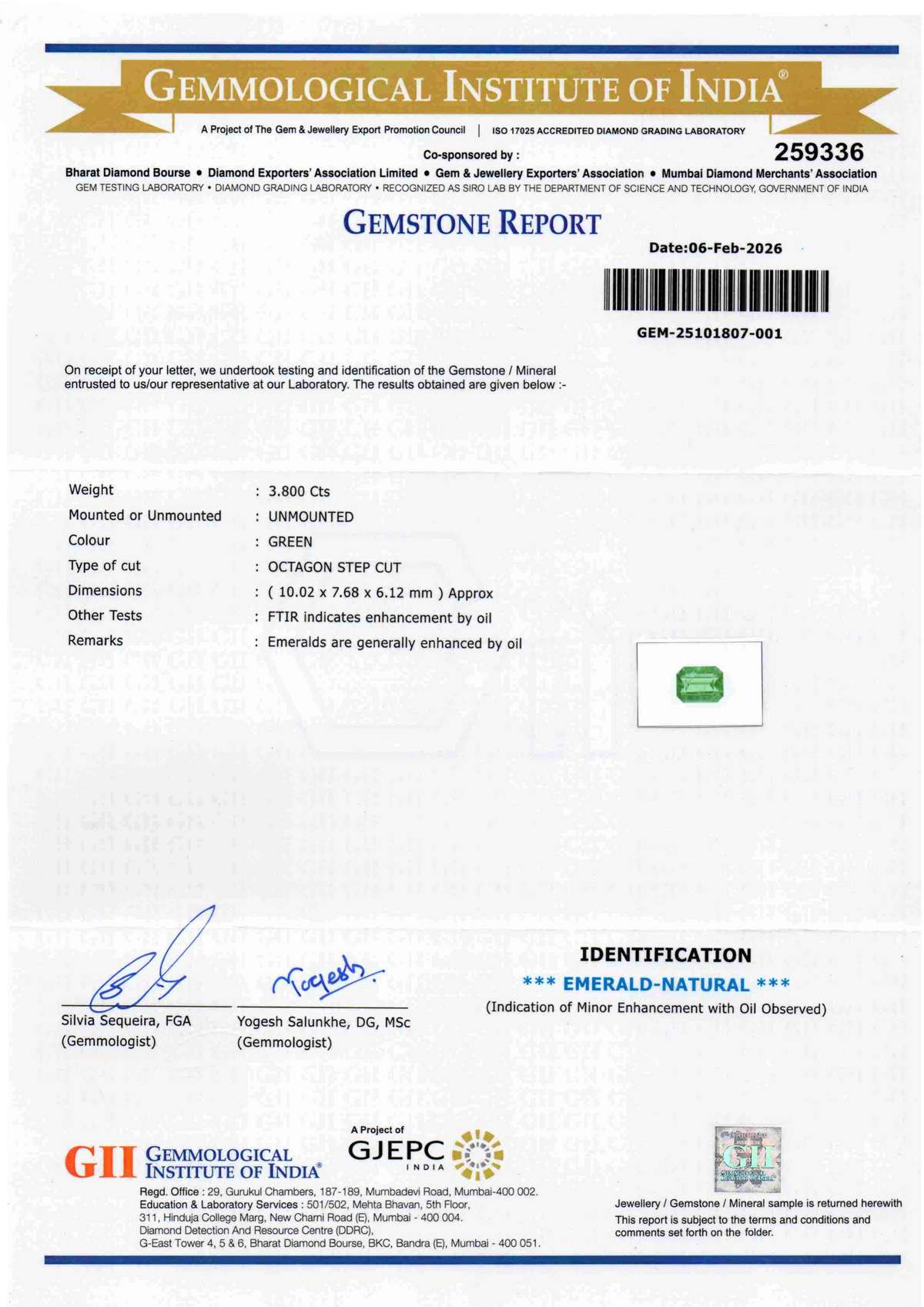 Gemstone report for 3.80 Carat GII Certified Natural Zambian Emerald, untreated, with details on weight and cut.