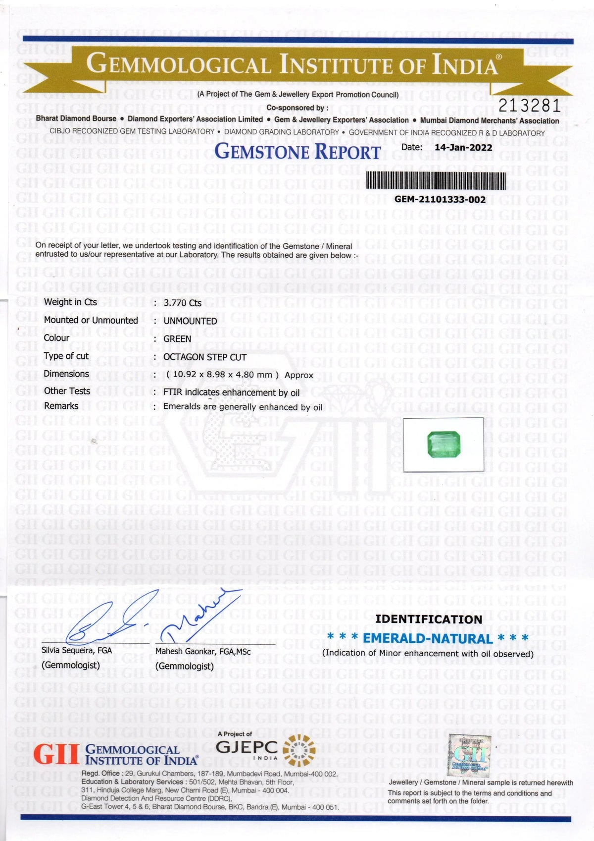 3.77 Ct GII Certified Untreated Natural Zambian Emerald Gemstone - Venus Gems