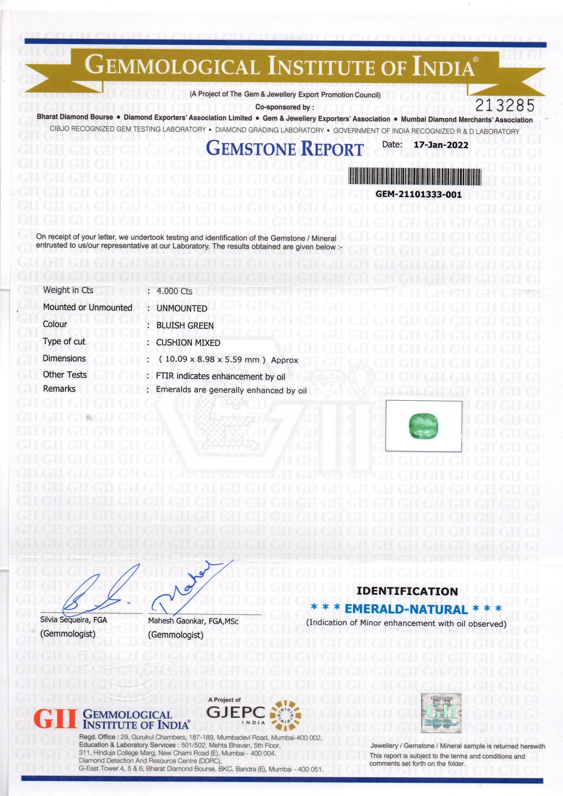 4.00 Ct GII Certified Untreated Natural Zambian Emerald Gemstone