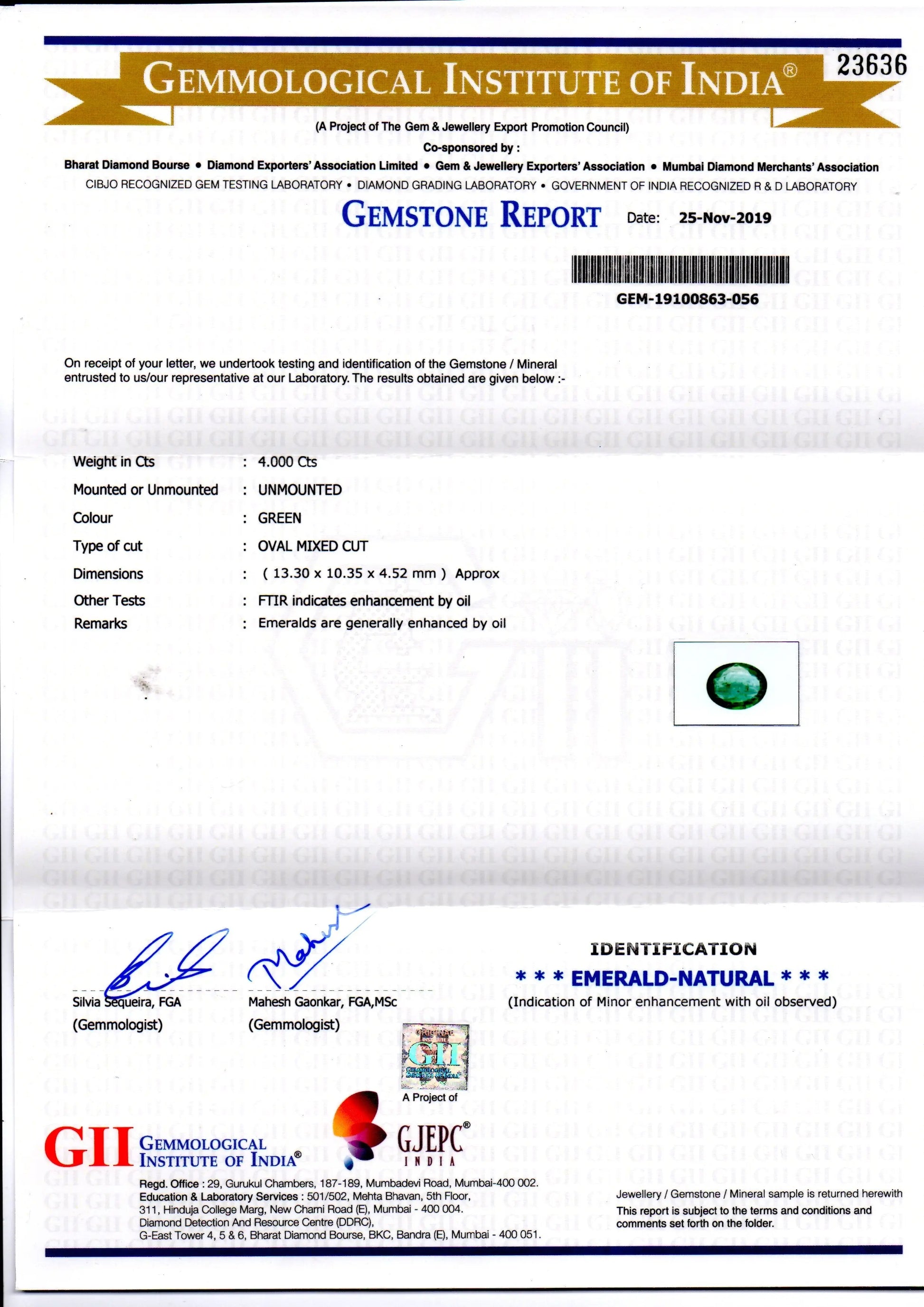 4.00 Ct GII Certified Untreated Natural Zambian Emerald Gemstone