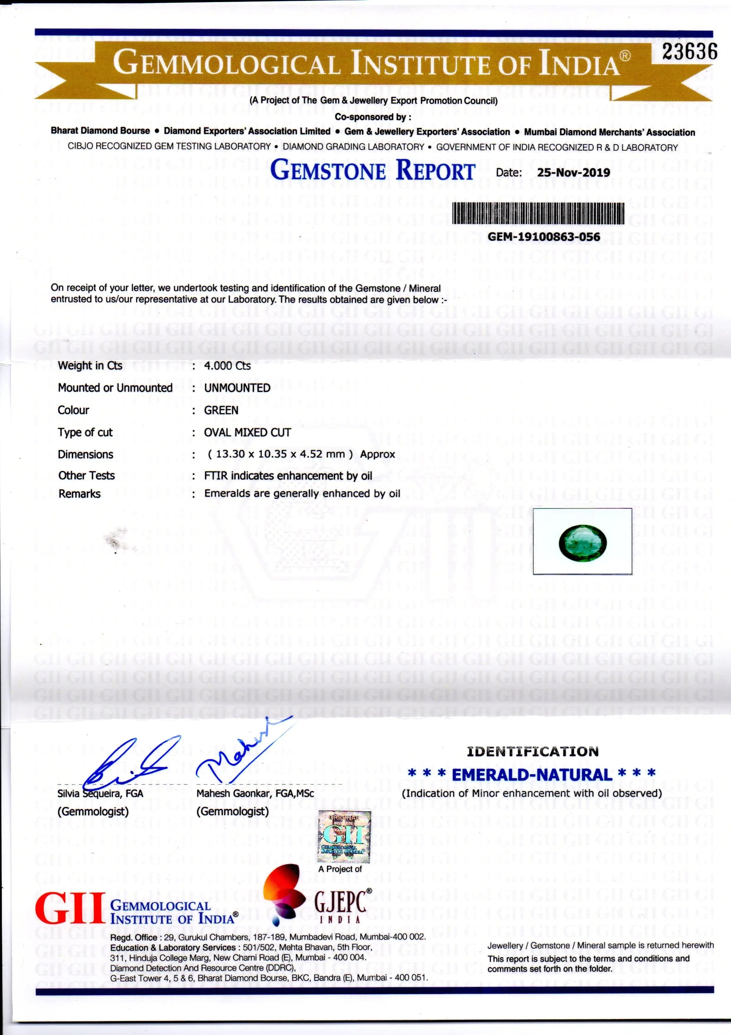 4.00 Ct GII Certified Untreated Natural Zambian Emerald Gemstone