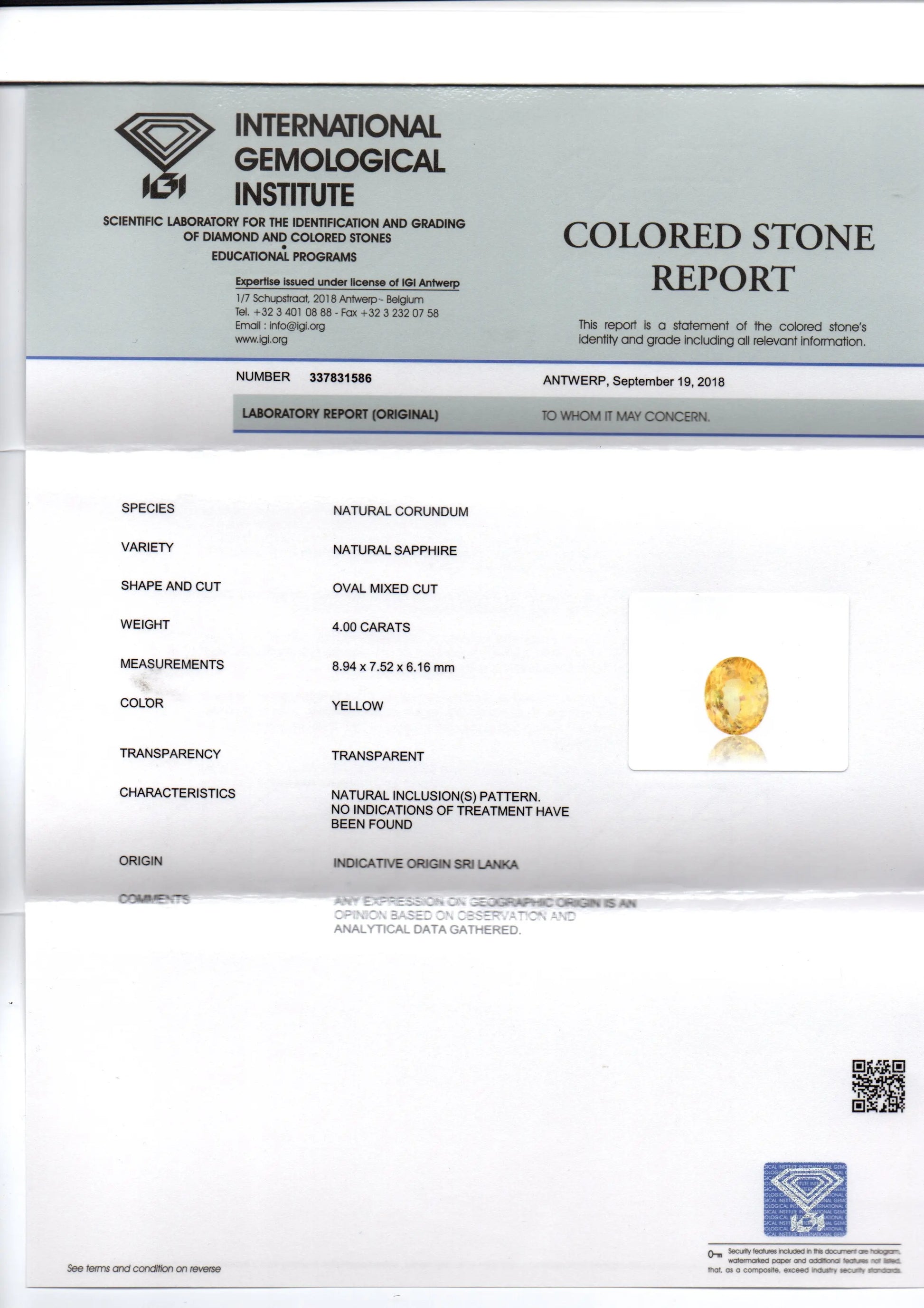 4.00 Ct IGI Certified Unheated Untreated Natural Ceylon Yellow Sapphire