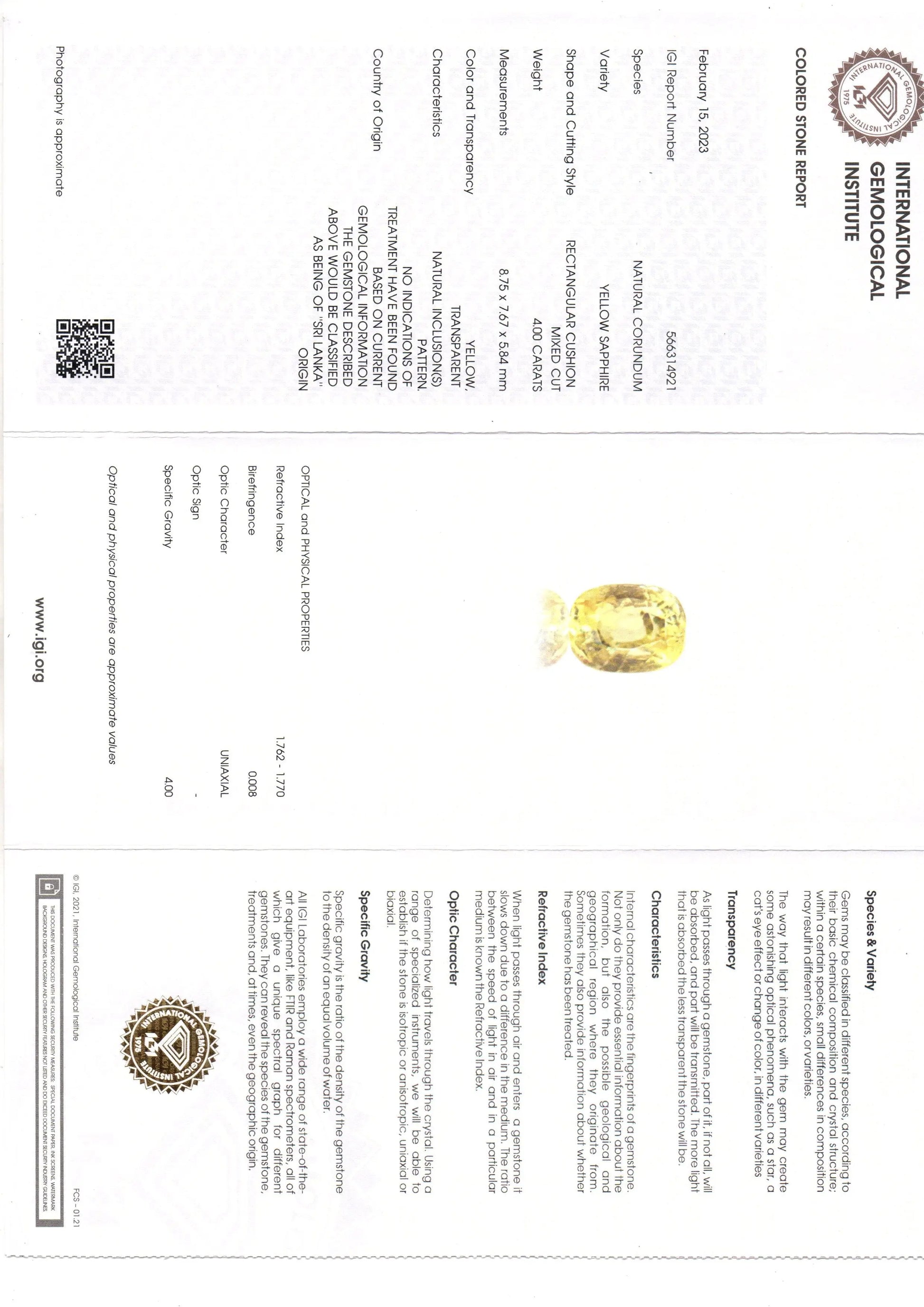 4.00 Ct IGI Certified Unheated Untreated Natural Ceylon Yellow Sapphire AA