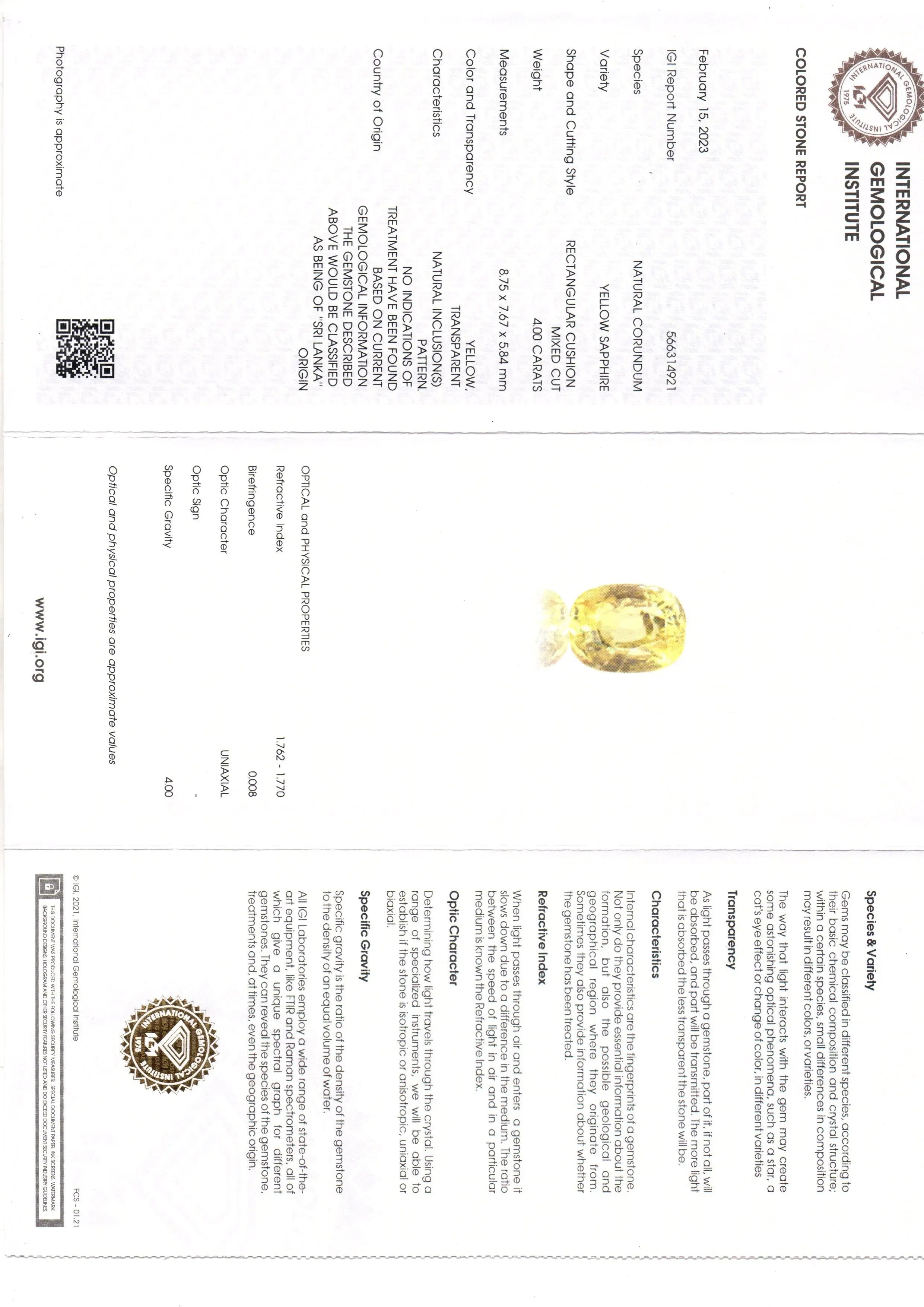 4.00 Ct IGI Certified Unheated Untreated Natural Ceylon Yellow Sapphire AA
