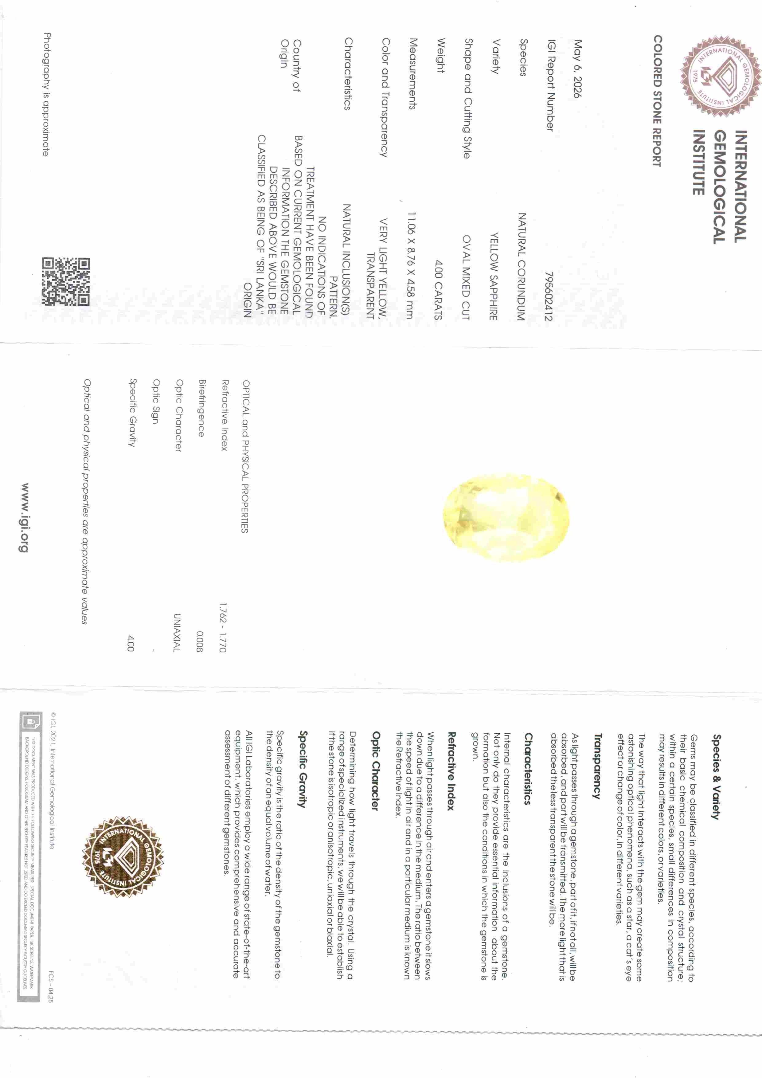4.00 Carat 4.4 Ratti IGI Certified Yellow Sapphire Pukhraj Unheated Stone