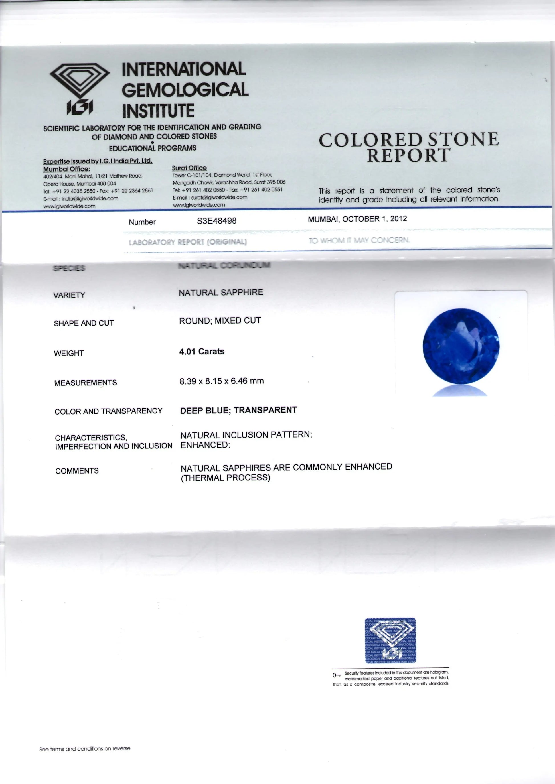 4.01 Ct Top Colour IGI Certified Natural Ceylon Blue Sapphire AA