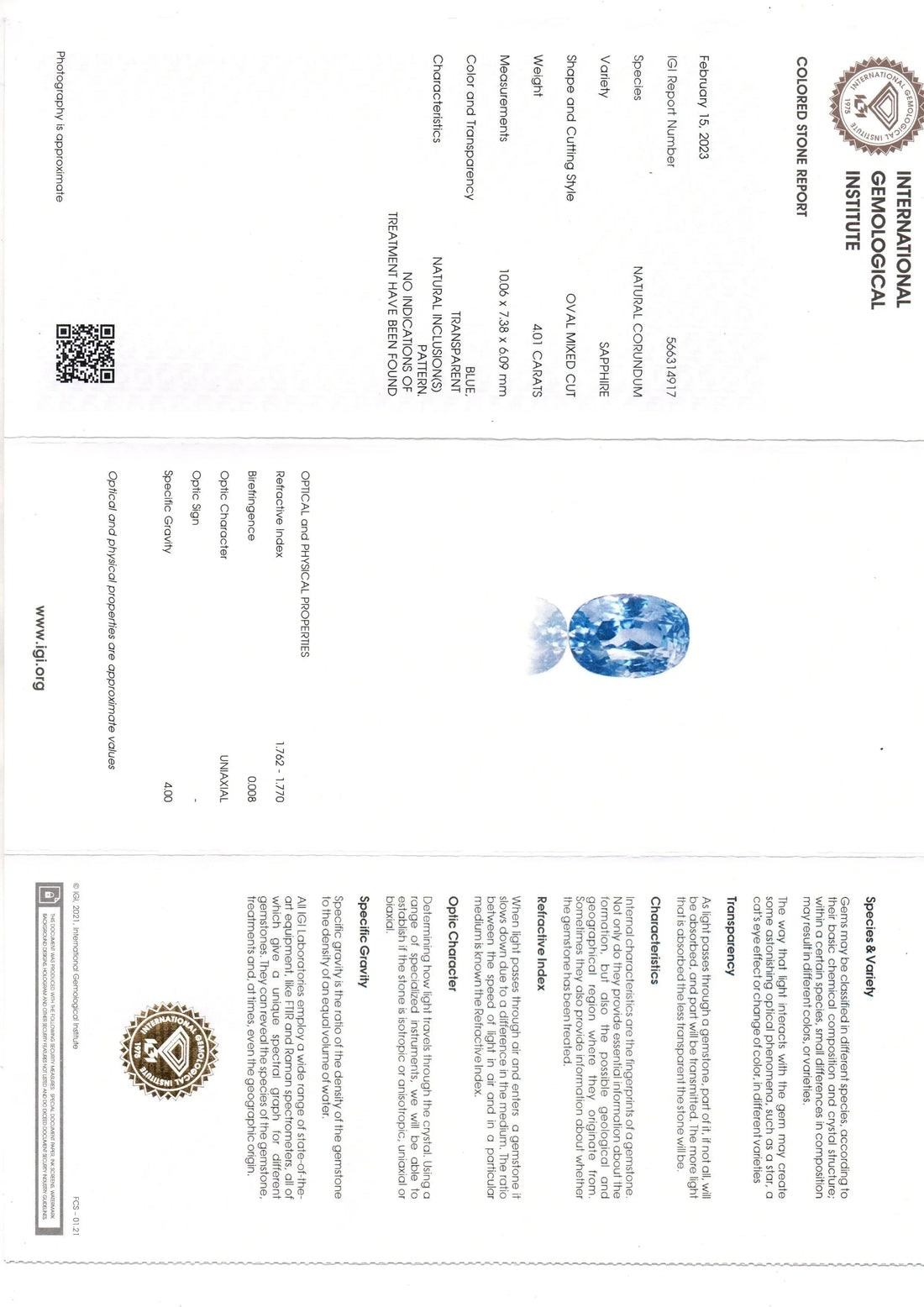 4.01 Ct IGI Certified Unheaated Untreated Natural Ceylon Blue Sapphire