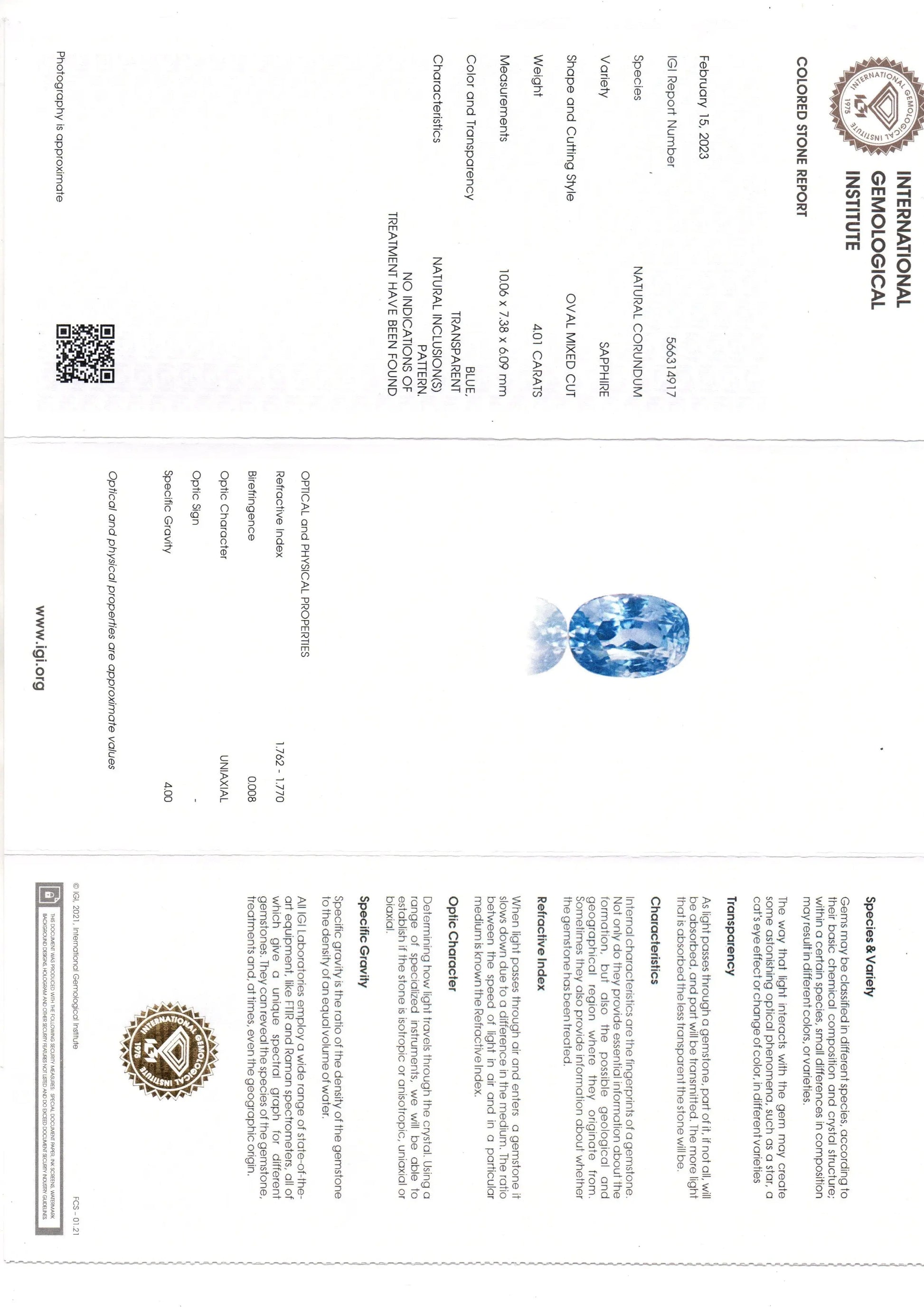 4.01 Ct IGI Certified Unheaated Untreated Natural Ceylon Blue Sapphire