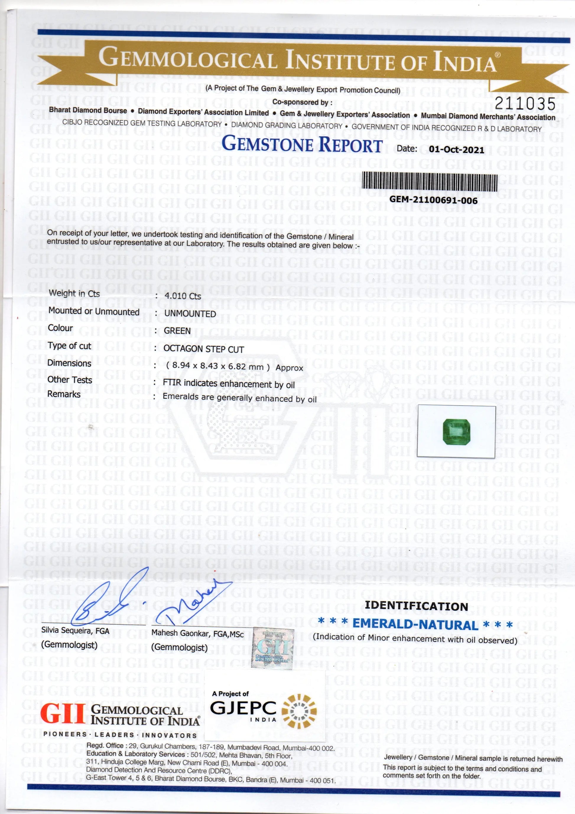 4.01 Ct GII Certified Untreated Natural Zambian Emerald Gemstone AAA