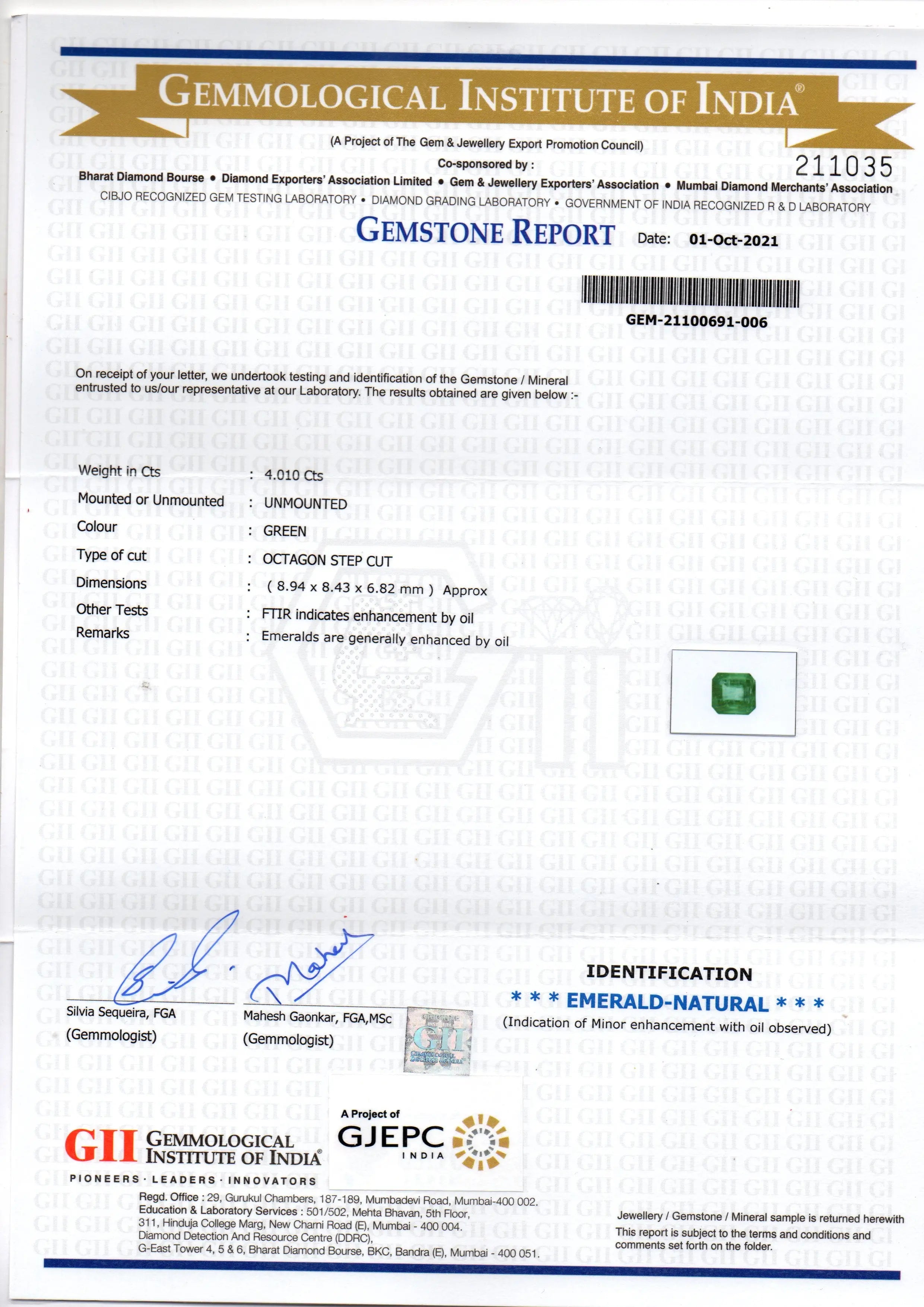 4.01 Ct GII Certified Untreated Natural Zambian Emerald Gemstone AAA