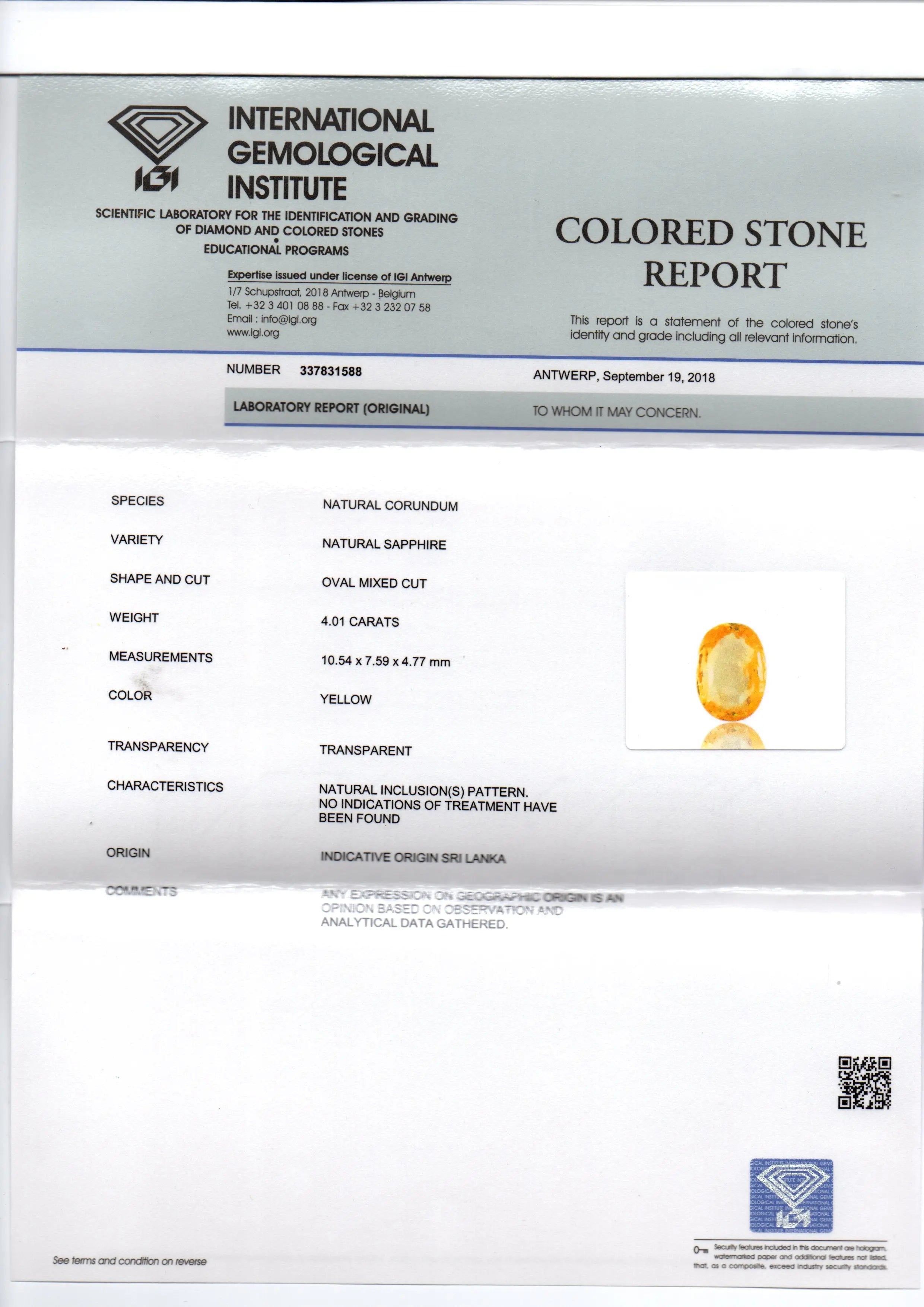 4.01 Ct IGI Certified Unheated Untreated Natural Ceylon Yellow Sapphire