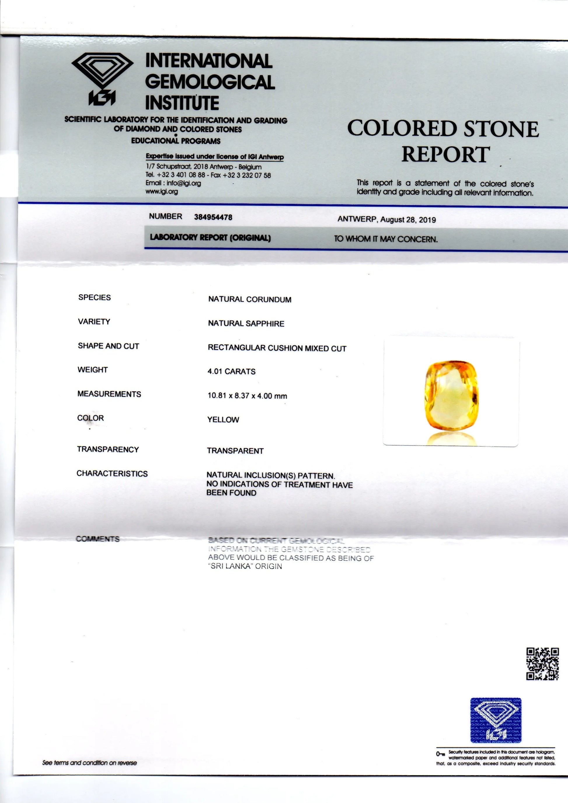 4.01 Ct IGI Certified Unheated Untreated Natural Ceylon Yellow Sapphire