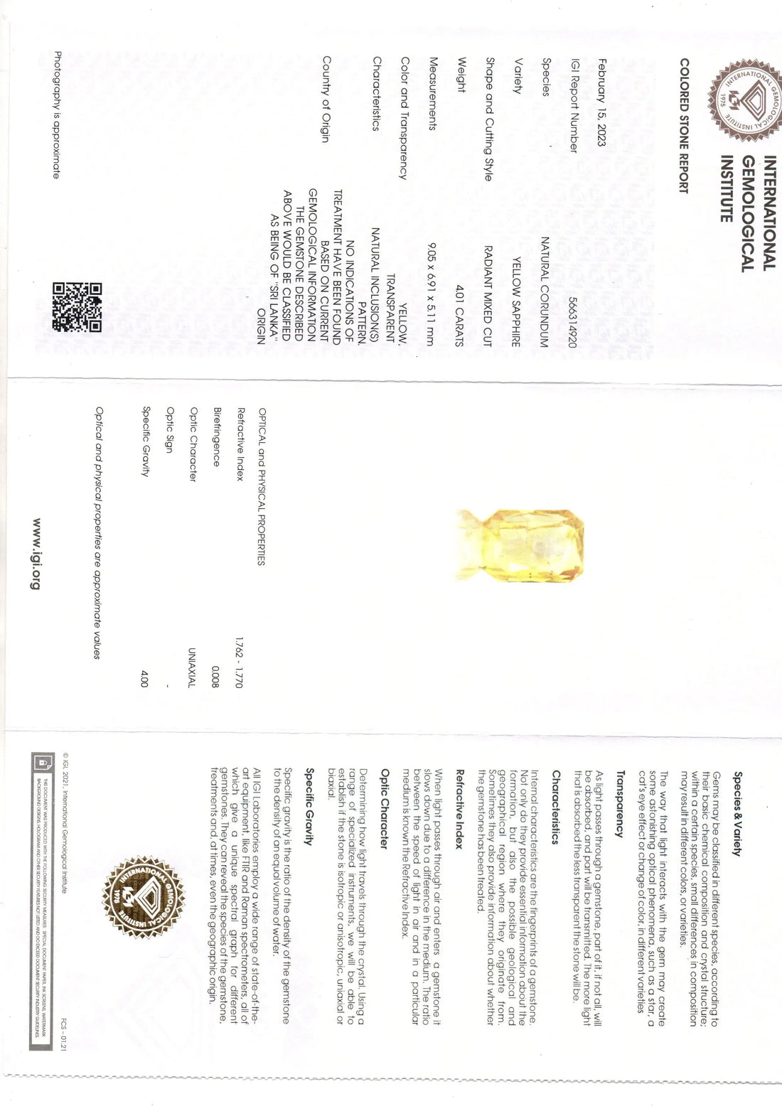 4.01 Ct IGI Certified Unheated Untreated Natural Ceylon Yellow Sapphire AA