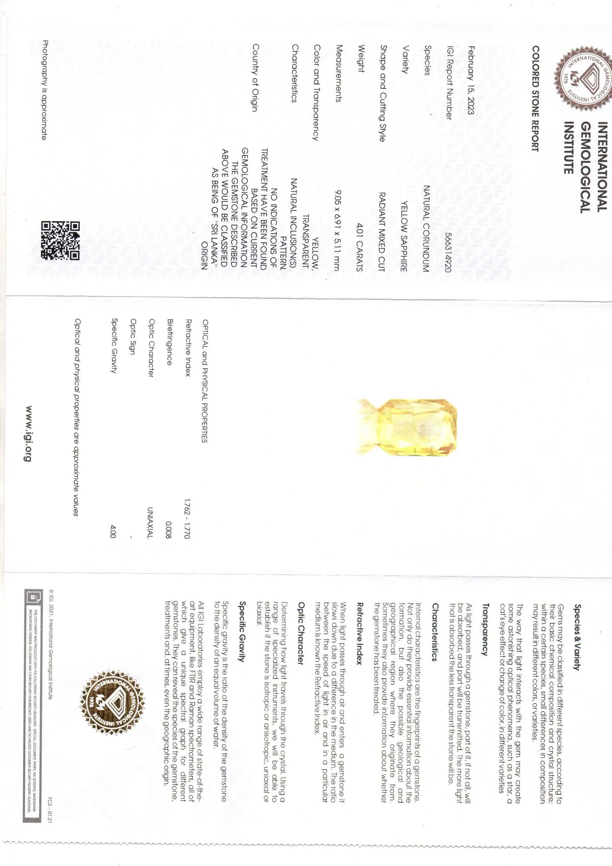 4.01 Ct IGI Certified Unheated Untreated Natural Ceylon Yellow Sapphire AA
