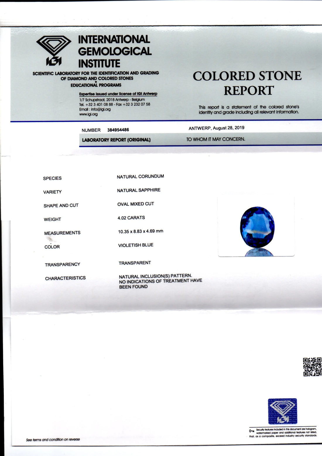 4.02 Ct IGI Certified Unheated Untreated Natural Ceylon Blue Sapphire AAA