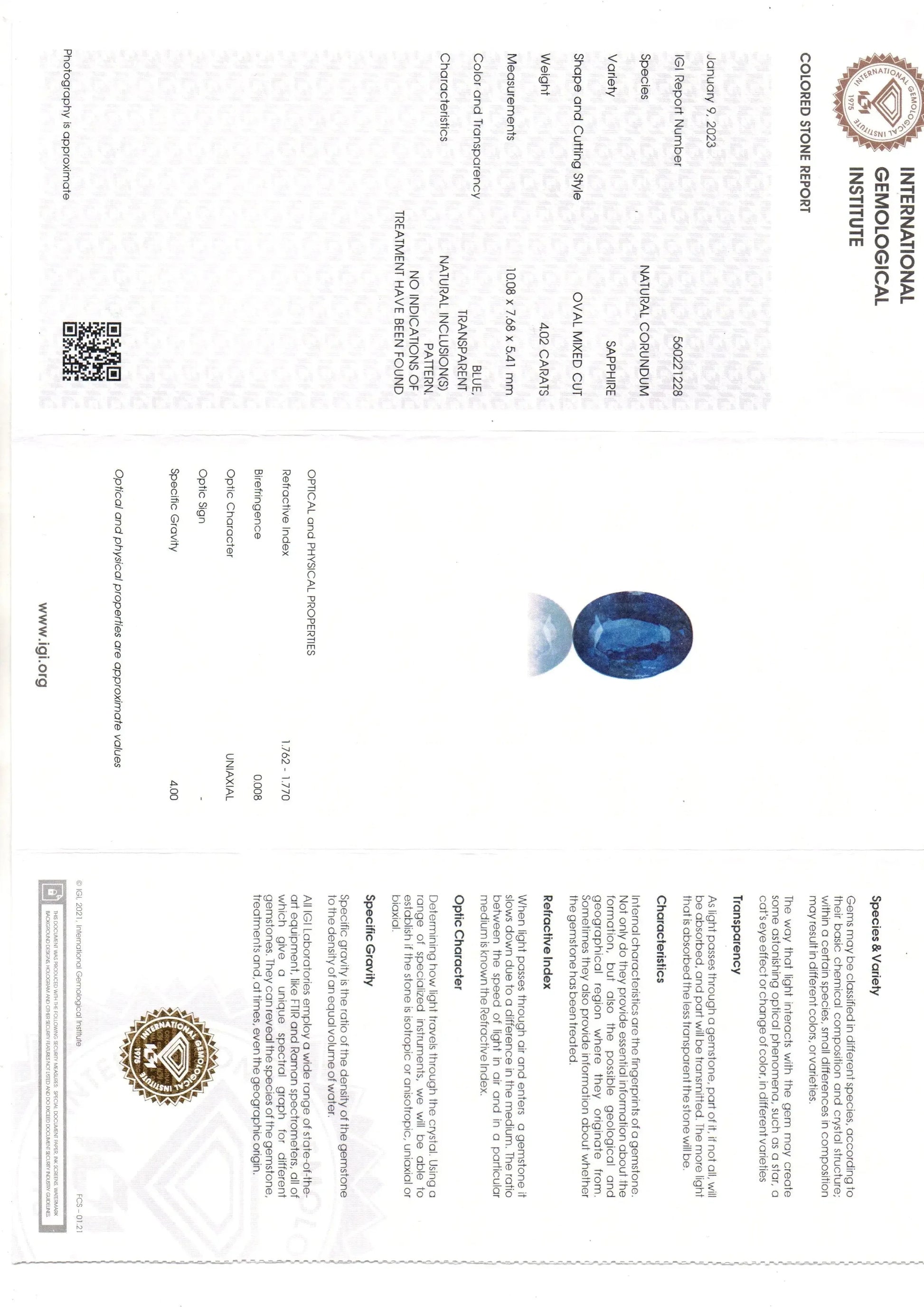 4.02 Ct IGI Certified Unheaated Untreated Natural Ceylon Blue Sapphire AA - Venus Gems