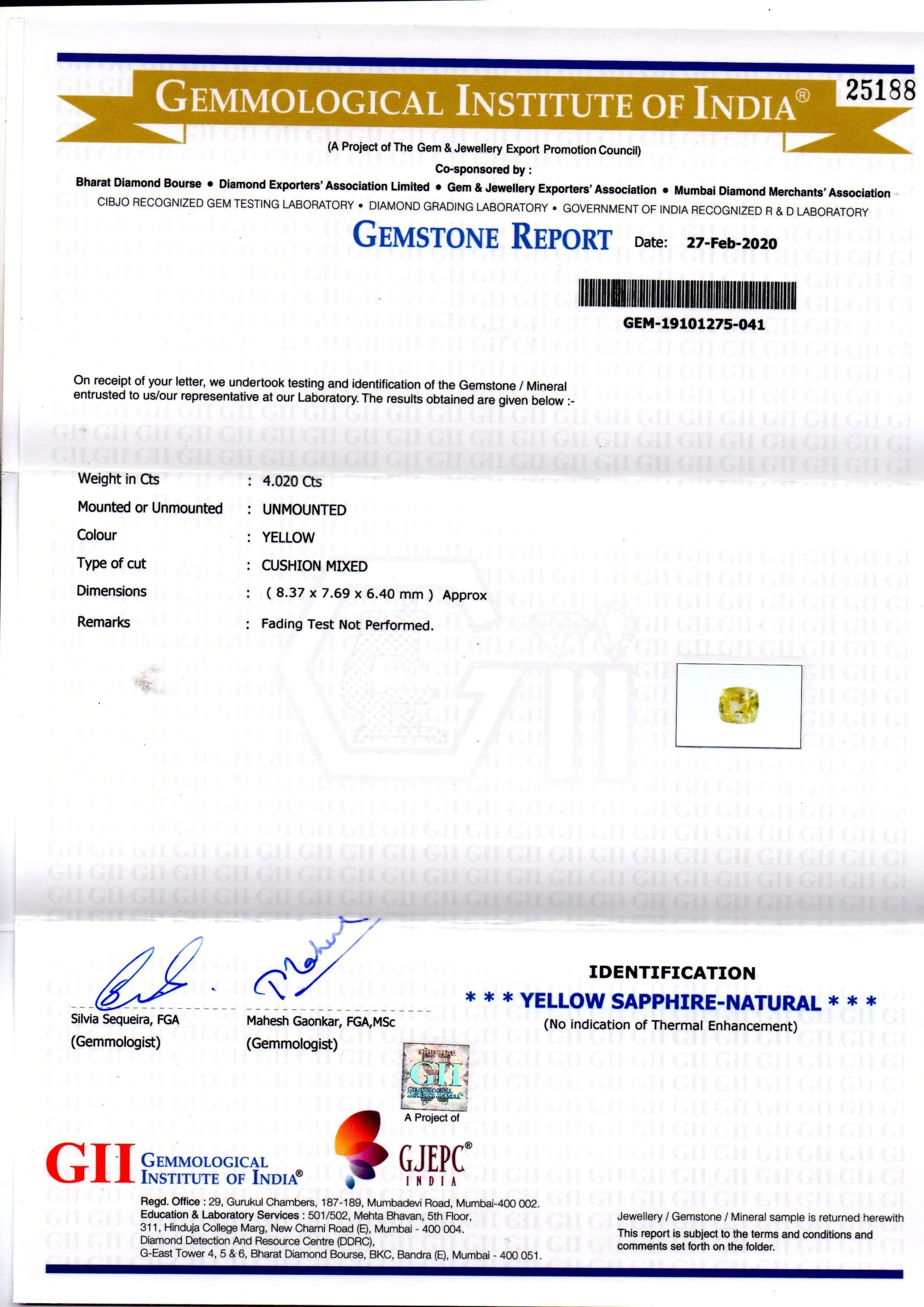 4.02 Ct GII Certified Unheated Untreated Natural Ceylon Yellow Sapphire