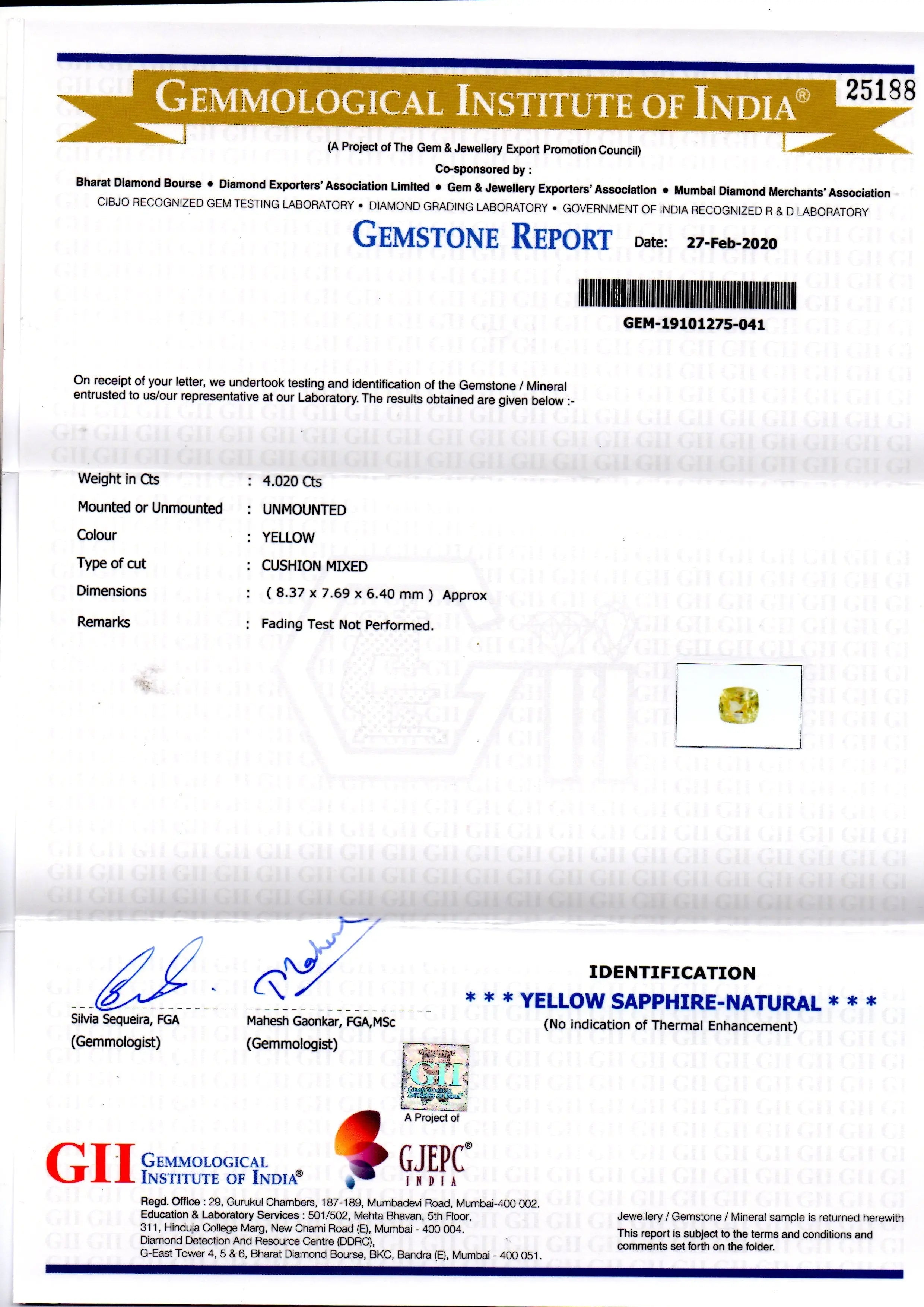 4.02 Ct GII Certified Unheated Untreated Natural Ceylon Yellow Sapphire