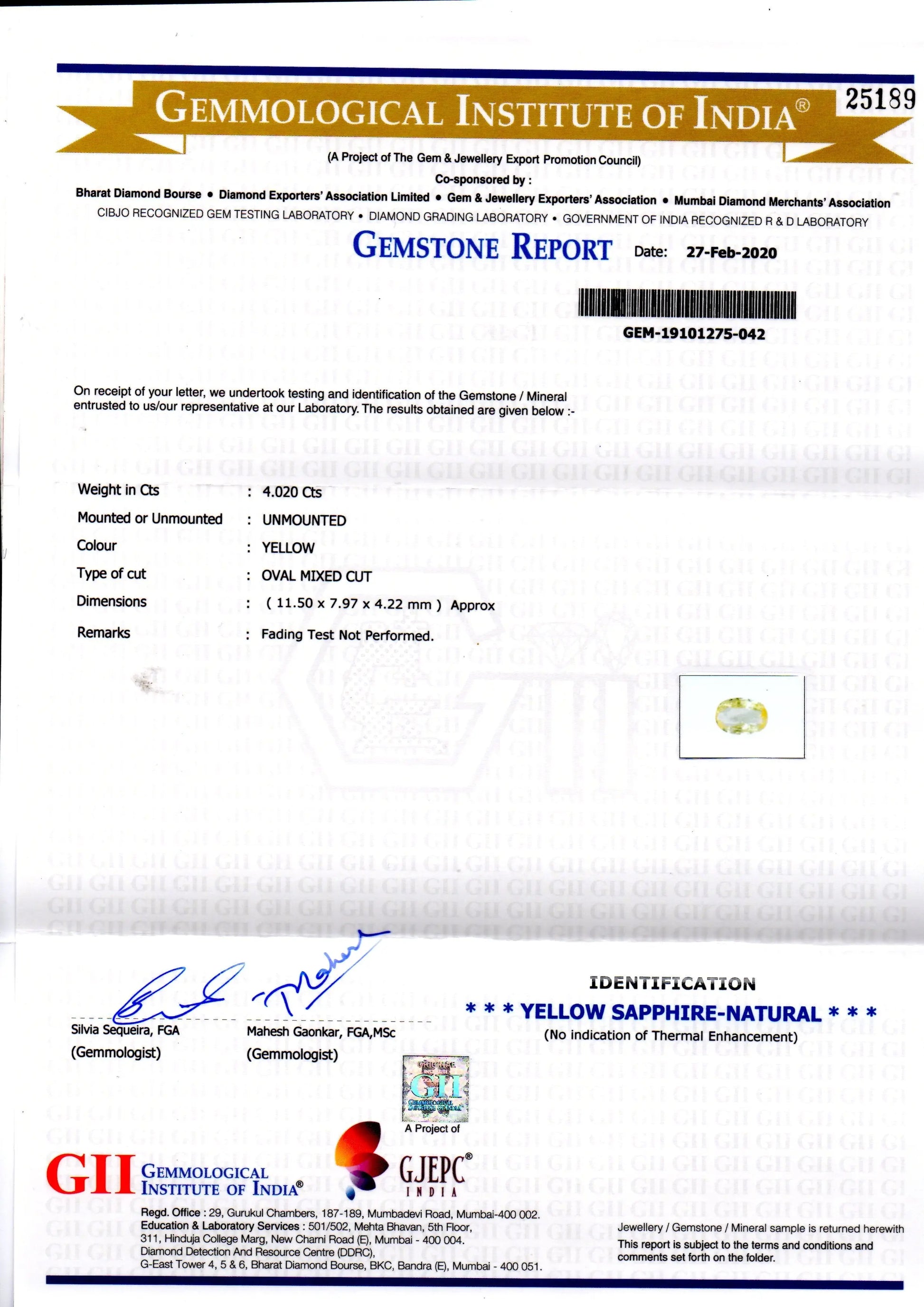4.02 Ct GII Certified Unheated Untreated Natural Ceylon Yellow Sapphire