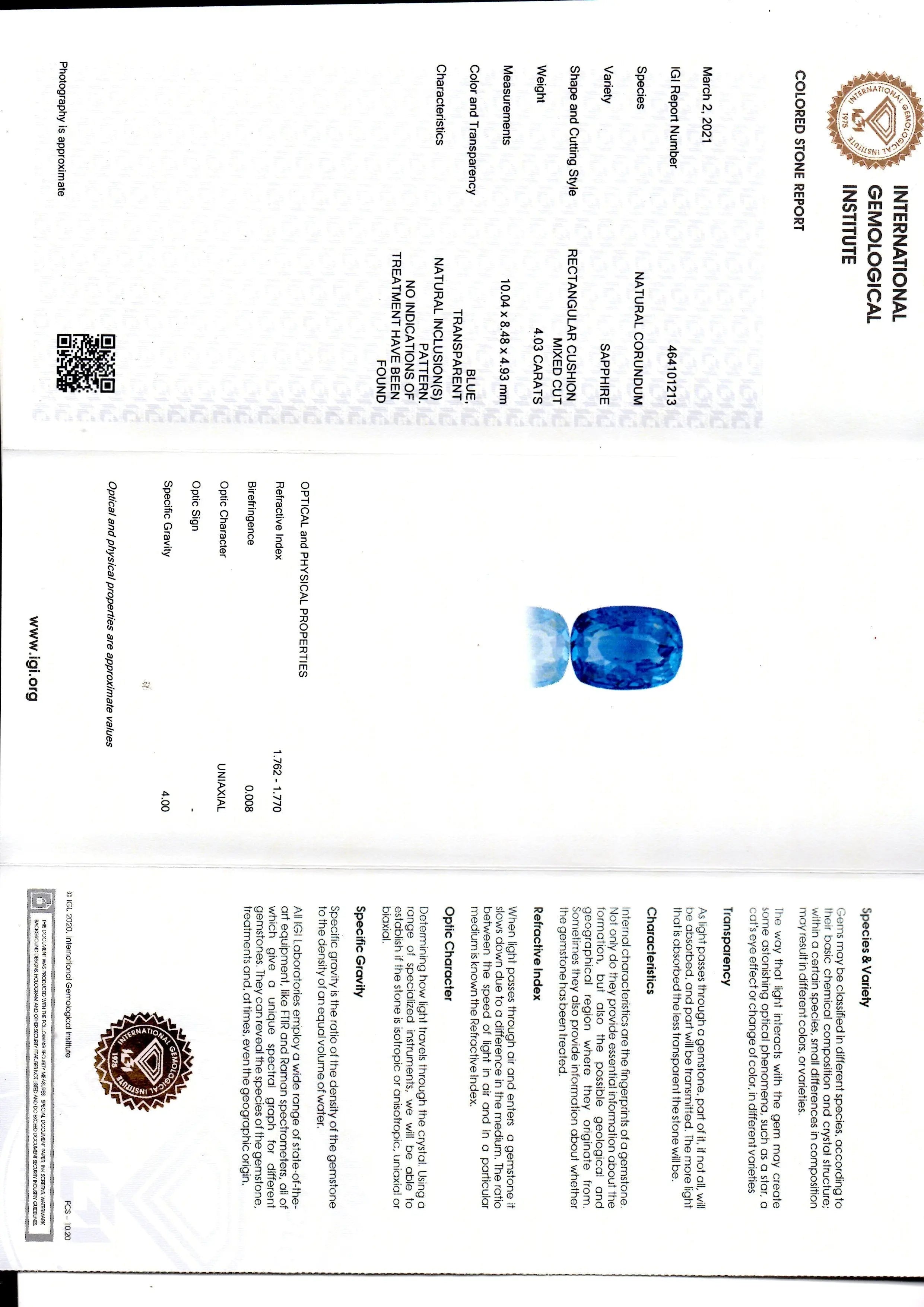 4.03 Ct IGI Certified Unheated Untreated Natural Ceylon Blue Sapphire AA