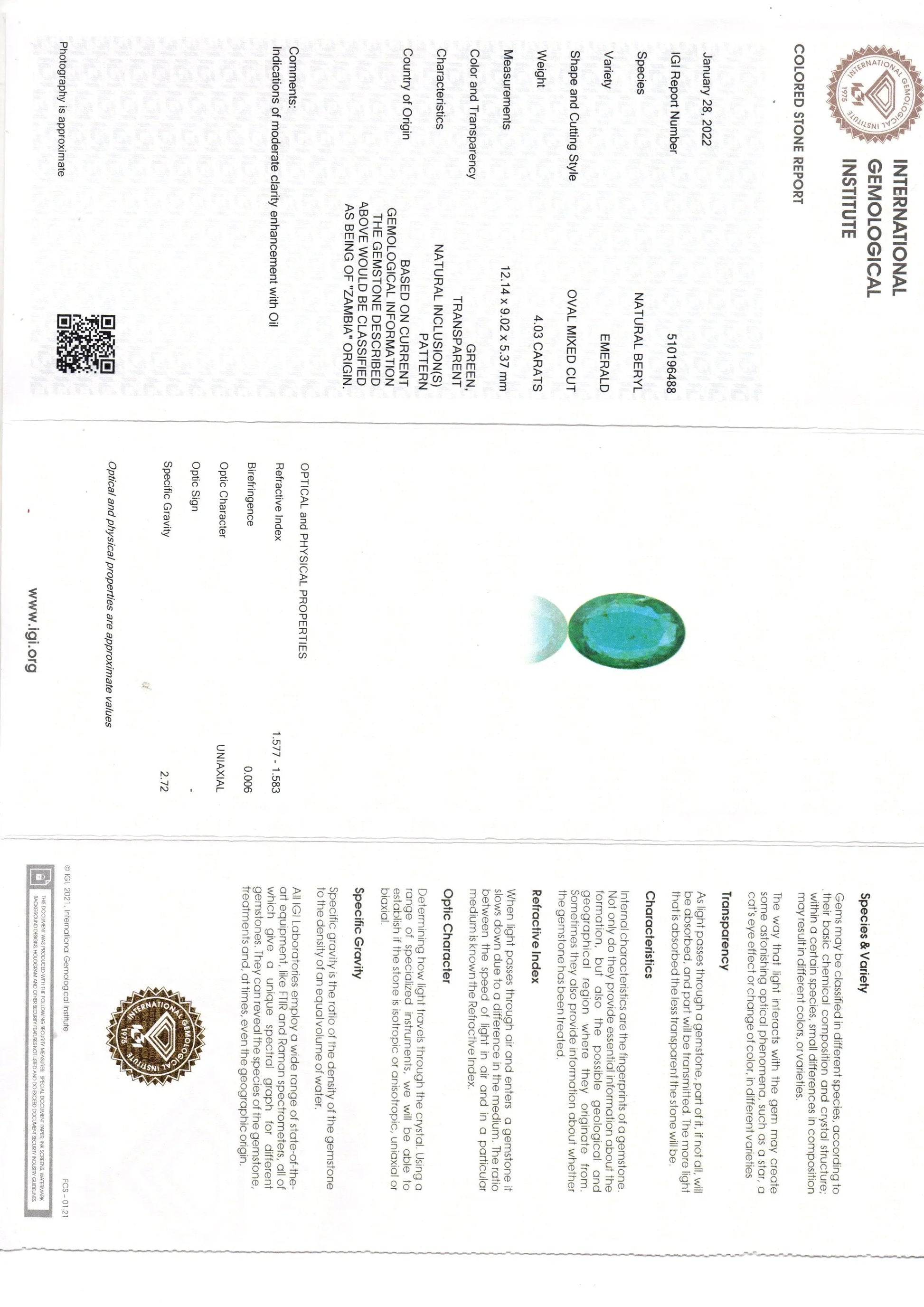 4.03 Ct IGI Certified Untreated Natural Zambian Emerald Gemstone