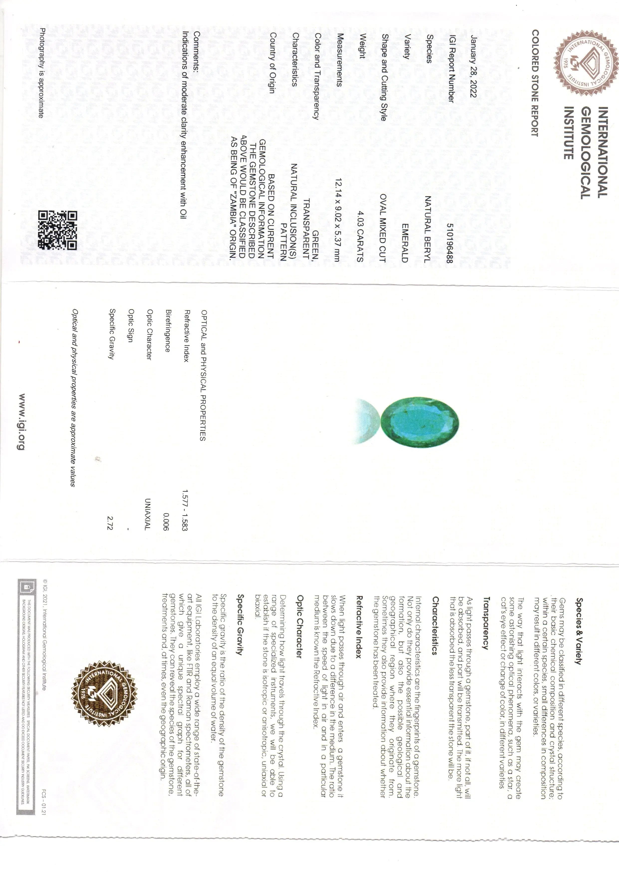4.03 Ct IGI Certified Untreated Natural Zambian Emerald Gemstone