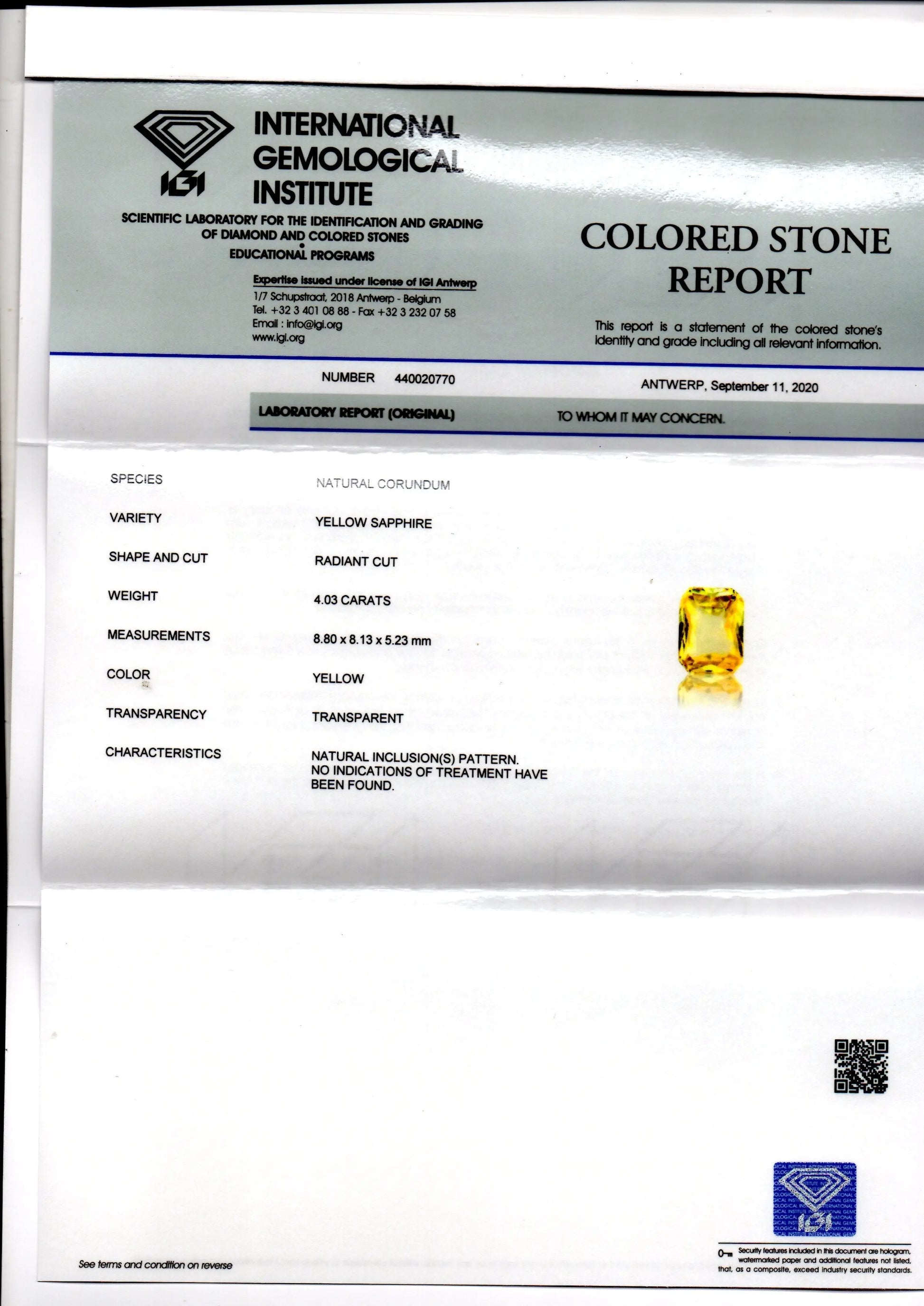 4.03 Ct IGI Certified Unheated Untreated Natural Ceylon Yellow Sapphire AAA