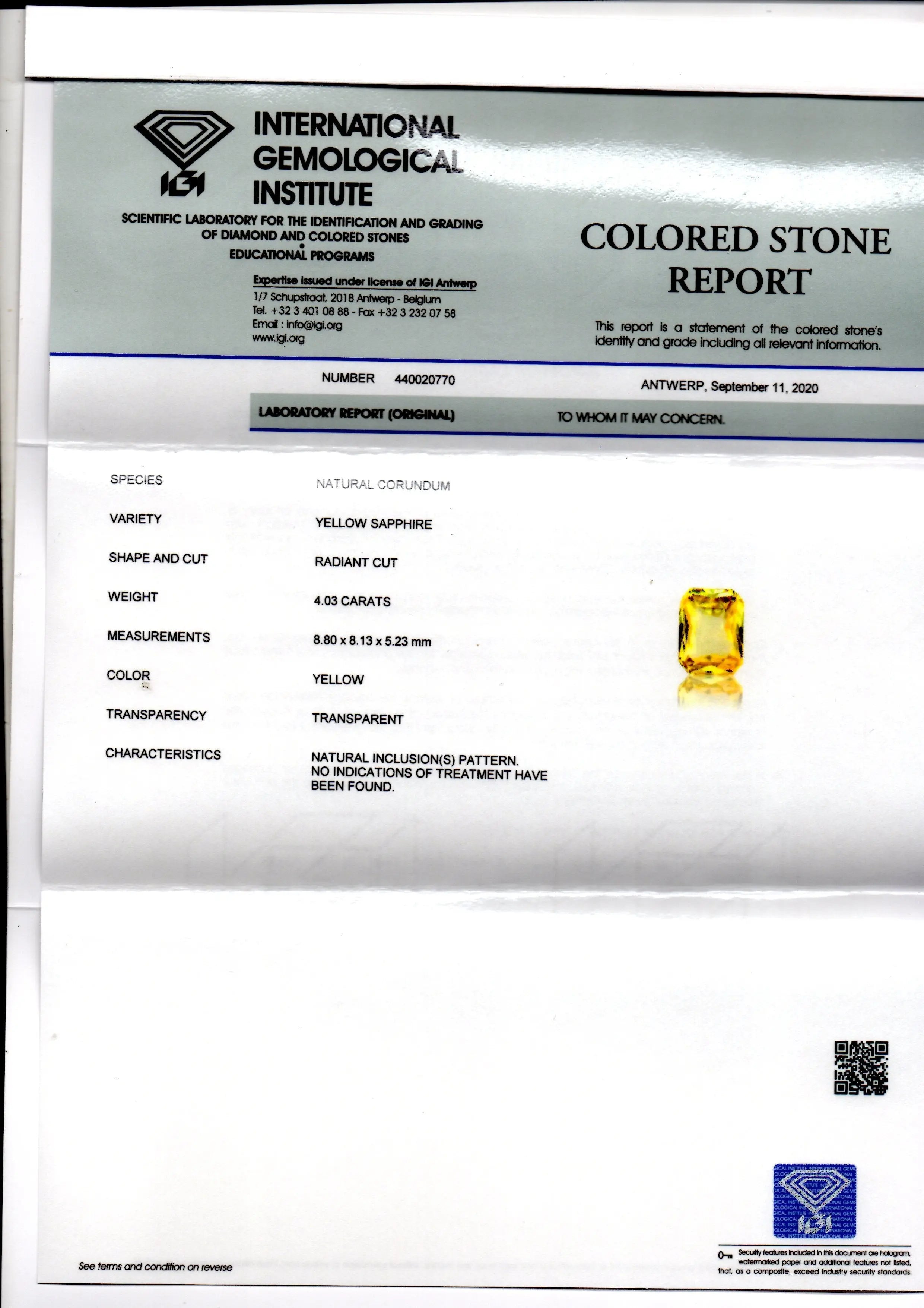 4.03 Ct IGI Certified Unheated Untreated Natural Ceylon Yellow Sapphire AAA