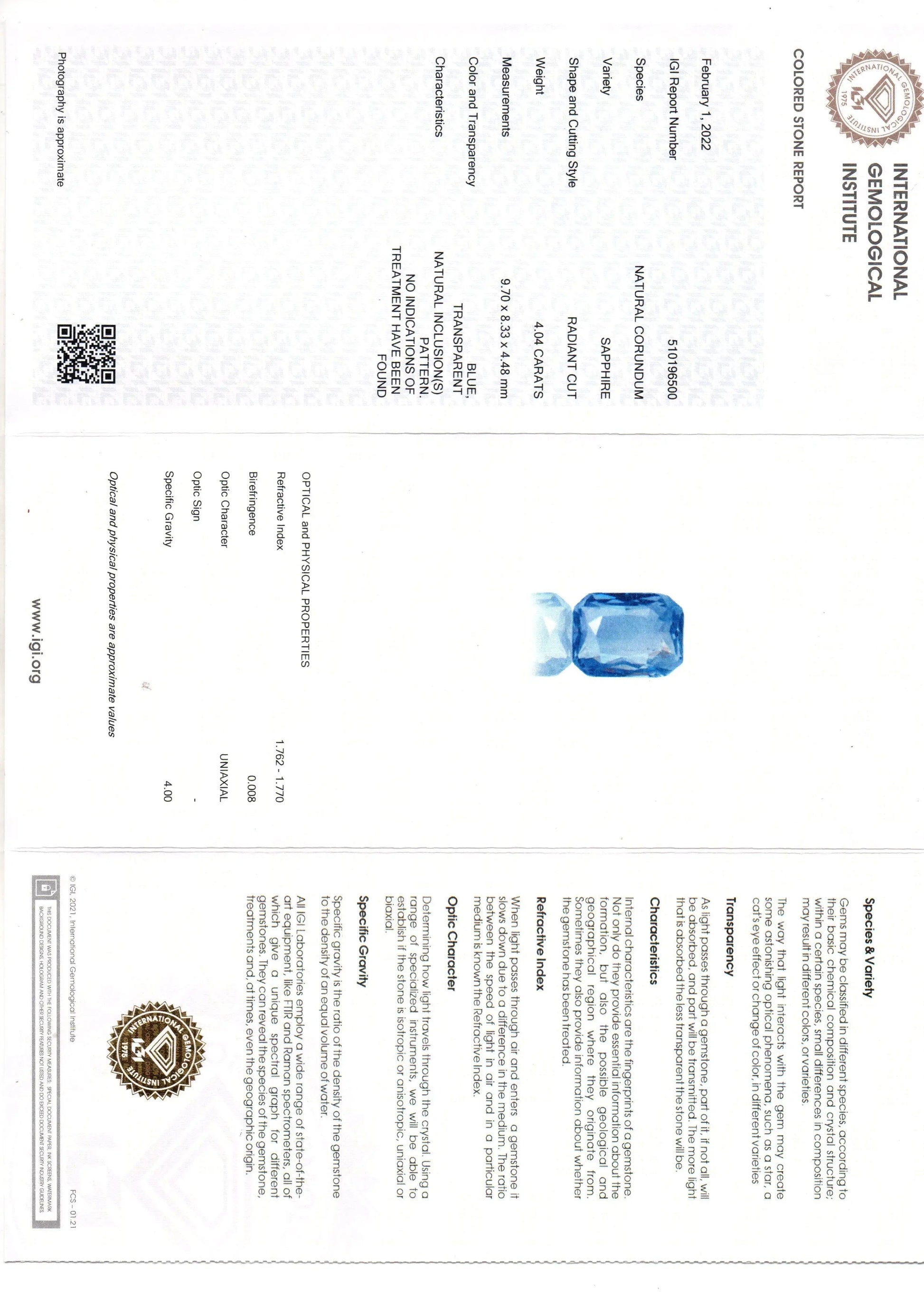4.04 Ct IGI Certified Unheated Untreated Natural Ceylon Blue Sapphire AAA