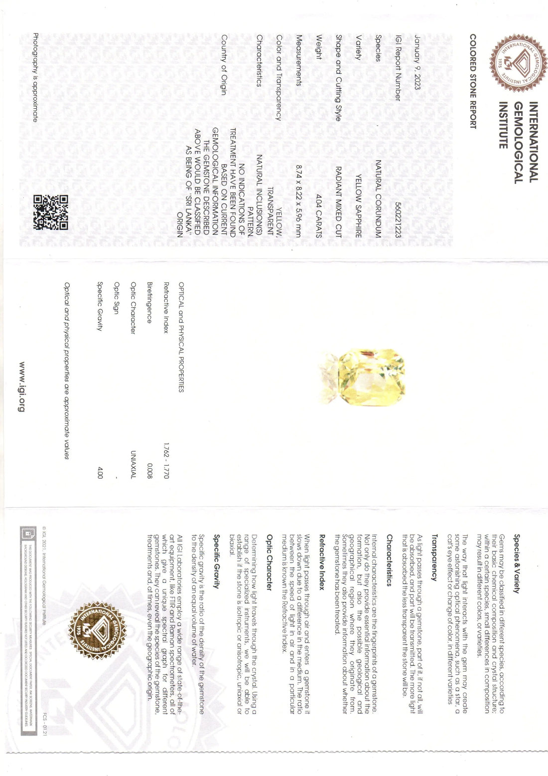 4.04 Ct IGI Certified Unheated Untreated Natural Ceylon Yellow Sapphire AAA