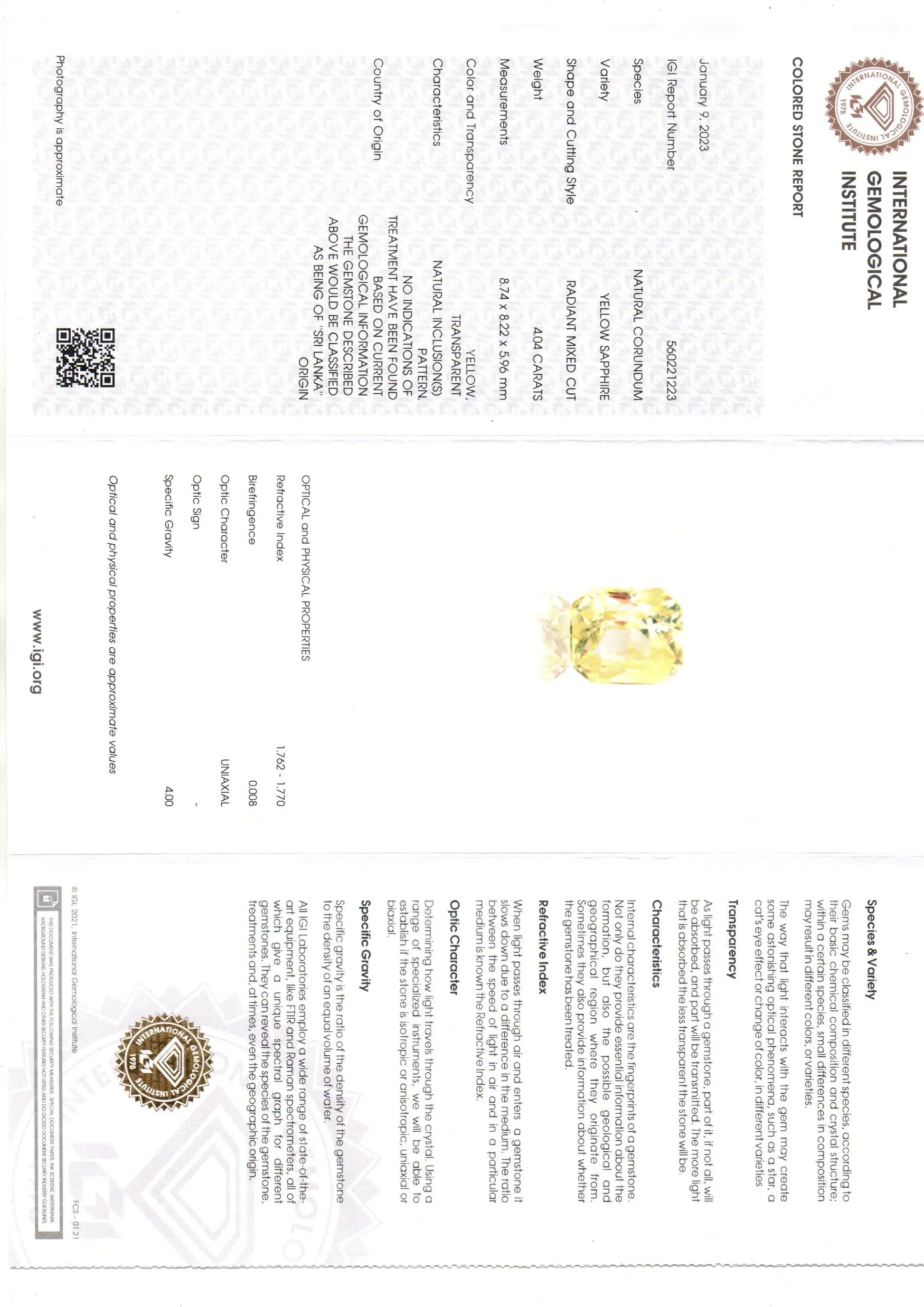 4.04 Ct IGI Certified Unheated Untreated Natural Ceylon Yellow Sapphire AAA