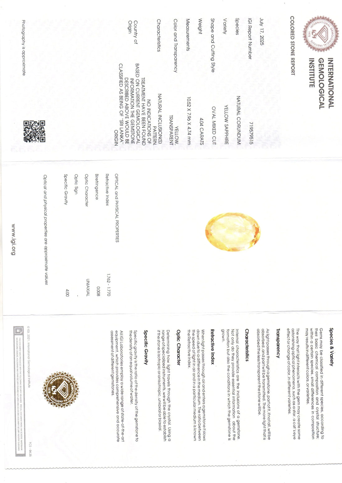 4.04 Ct IGI Certified Unheated Untreated Natural Ceylon Yellow Sapphire - Venus Gems