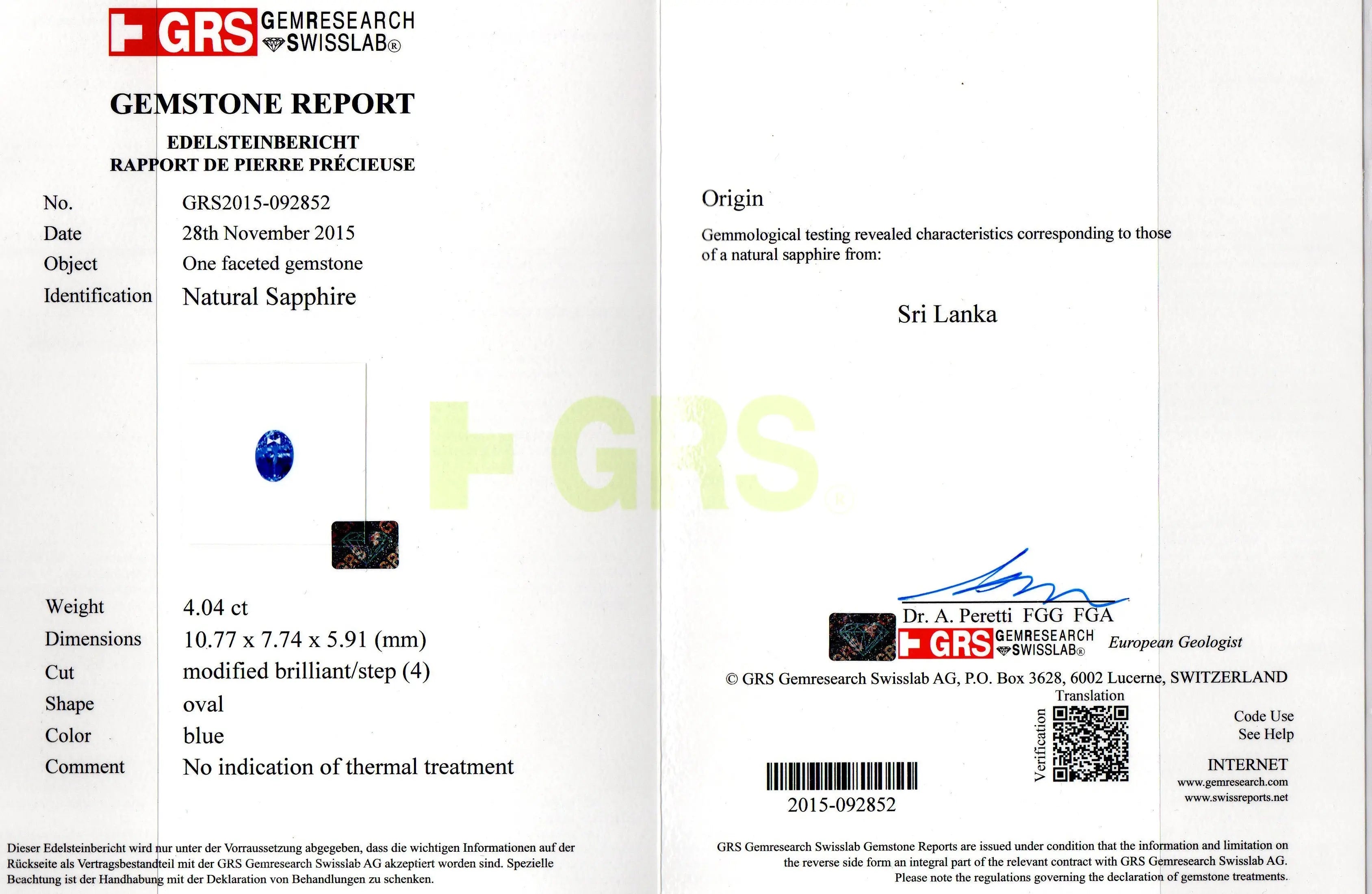 4.04 Ct GRS Certified Unheated Natural Ceylon Blue Sapphire AAAA